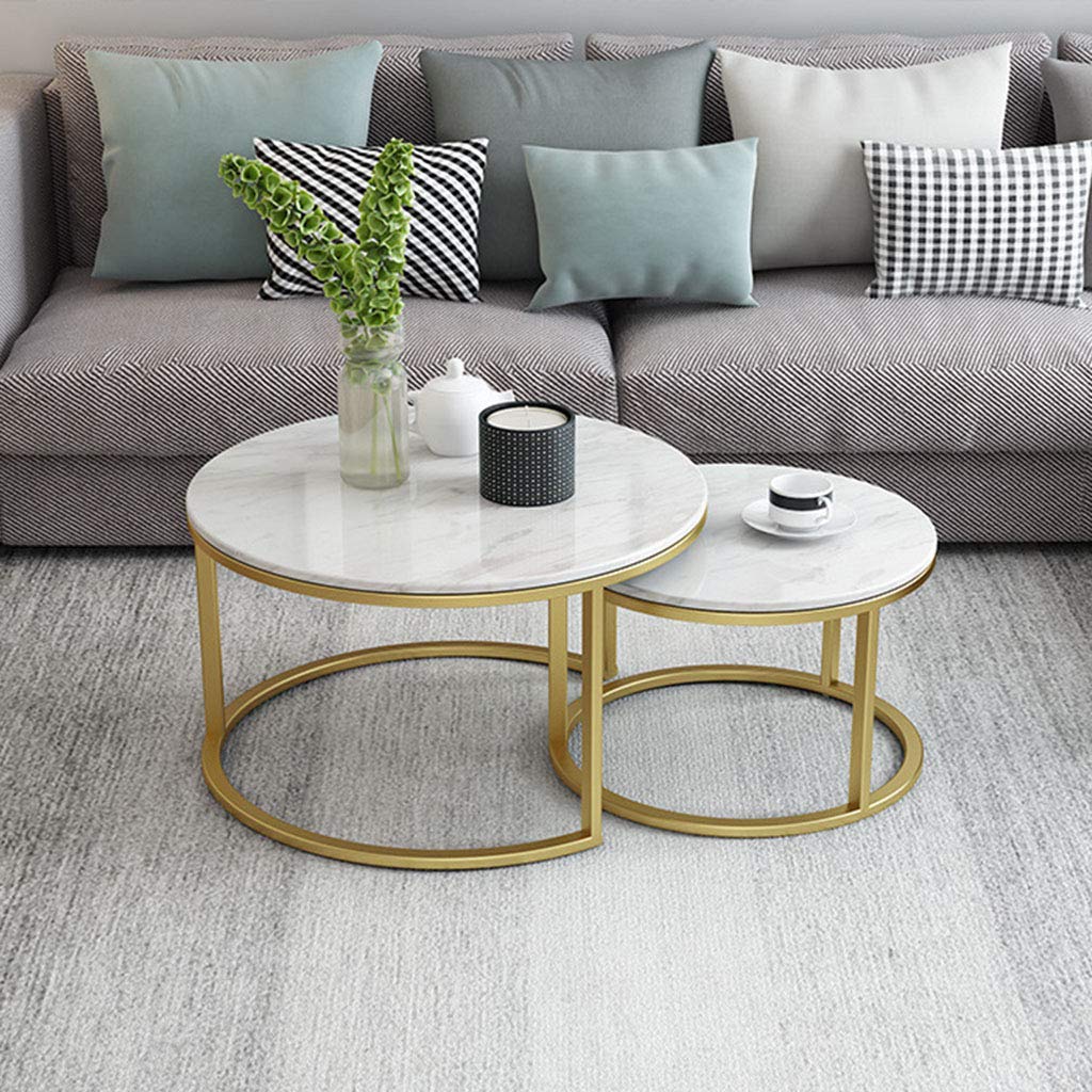Modern Round Nesting Coffee Tables Set of 2 - Marble Top with Metal Base for Living Room, Lounge & Office - Space-Saving Home Décor Furniture for Small Apartments & Cozy Spaces