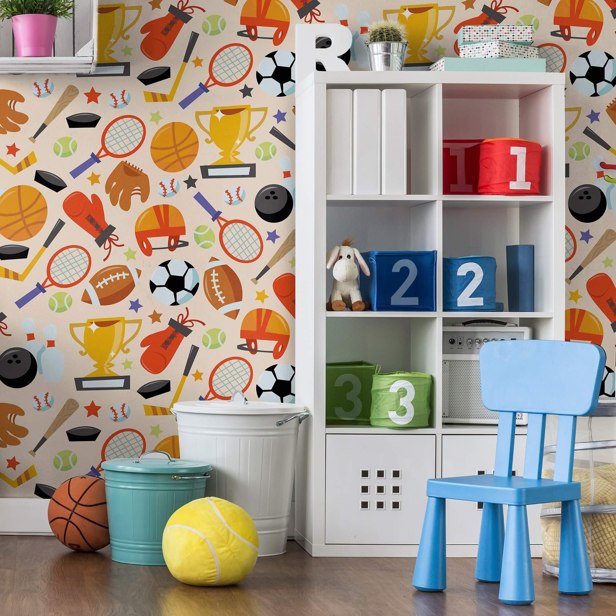 Beige and Black Sports Themed Kids Removable Peel & Stick Wallpaper - Perfect for Nursery, Playroom, and Bedroom Decor