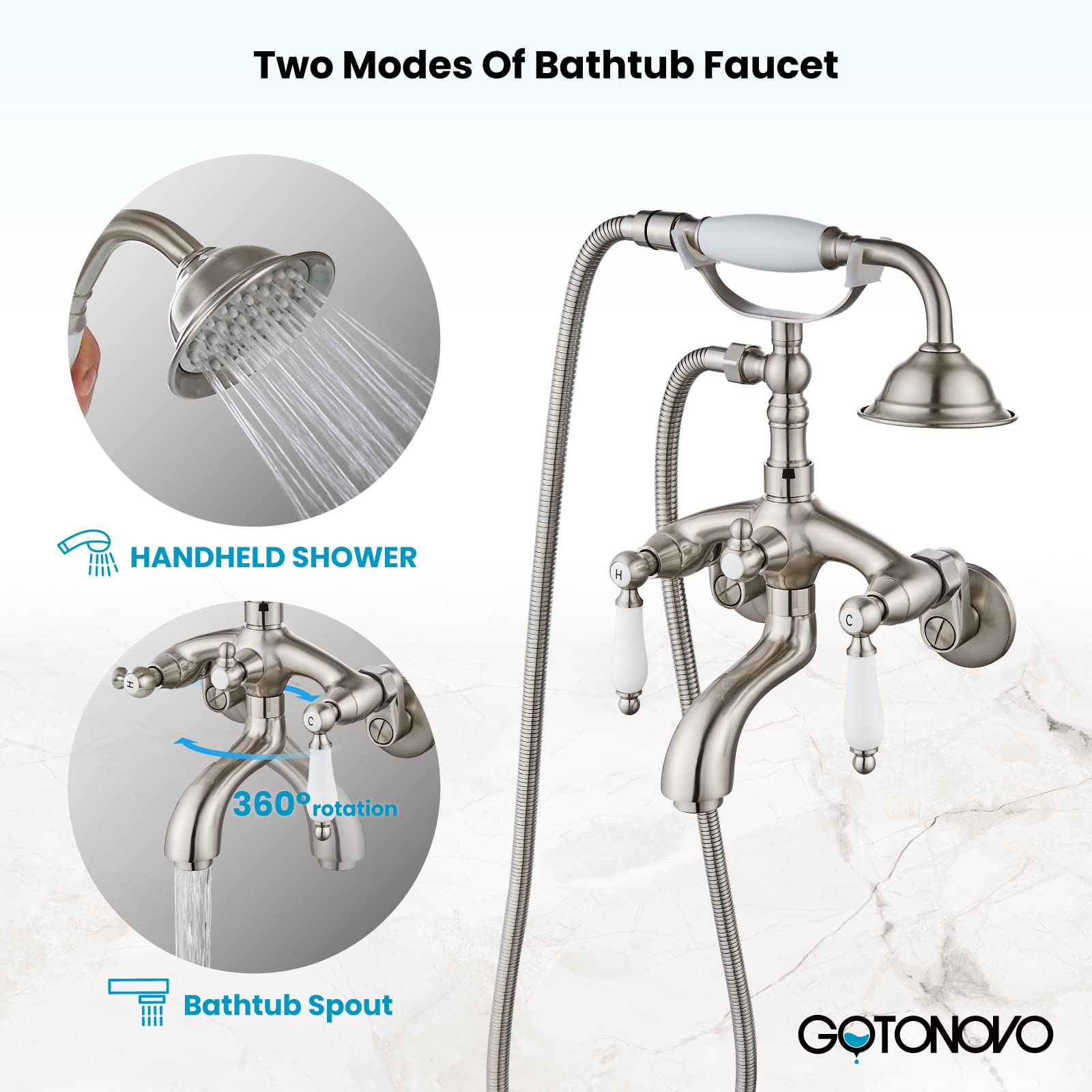 Gotonovo 8 Inch Rainfall Shower Head with Handheld Spray - Polished Chrome & Brushed Nickel Shower Faucet for Clawfoot Tub - Wall Mounted Shower Fixture for Luxurious Bathroom Experience | Perfect for Spa-Like Relaxation and Modern Bathroom Upgrades