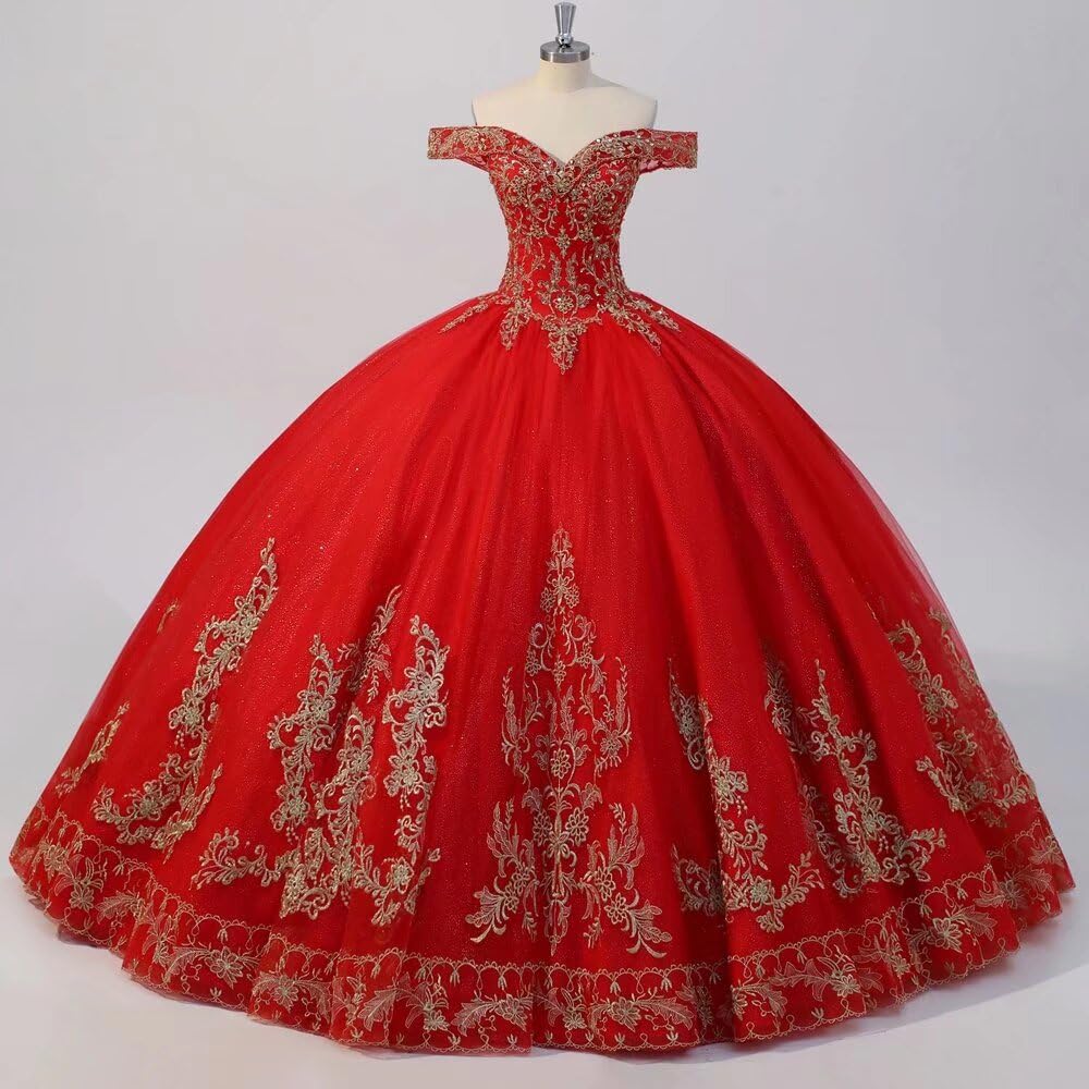 Exquisite Gold Embroidered Beaded Tulle Ball Gown - Off Shoulder Quinceanera Dress for Sweet 15 Girls | 2025 Trendy Formal Gown for Quinceañera, Prom, Debutante Ball & Special Occasions