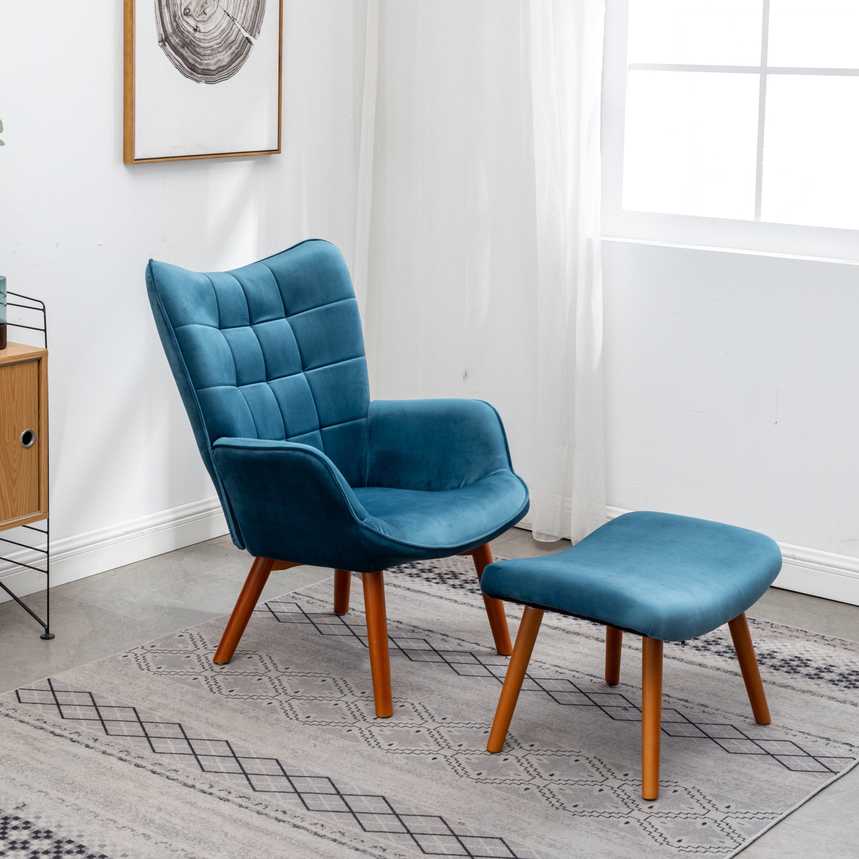 Roundhill Furniture Leiria Contemporary Silky Velvet Tufted Accent Chair with Ottoman - Blue Velvet Lounge Chair for Living Room, Bedroom & Office - Modern Comfortable Seating for Relaxing & Reading