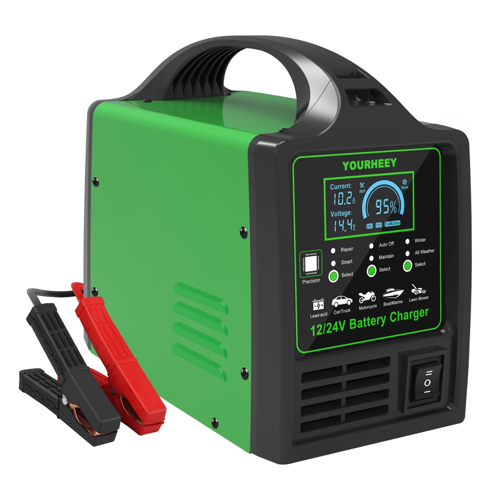 Upgraded 12V 24V 15A Heavy Duty Car Battery Charger with Auto Shutoff & Winter Mode - Smart Charger for Cars, Trucks, Boats, Motorcycles, RVs & Lawn Mowers | Ideal for Cold Weather Maintenance & Vehicle Storage