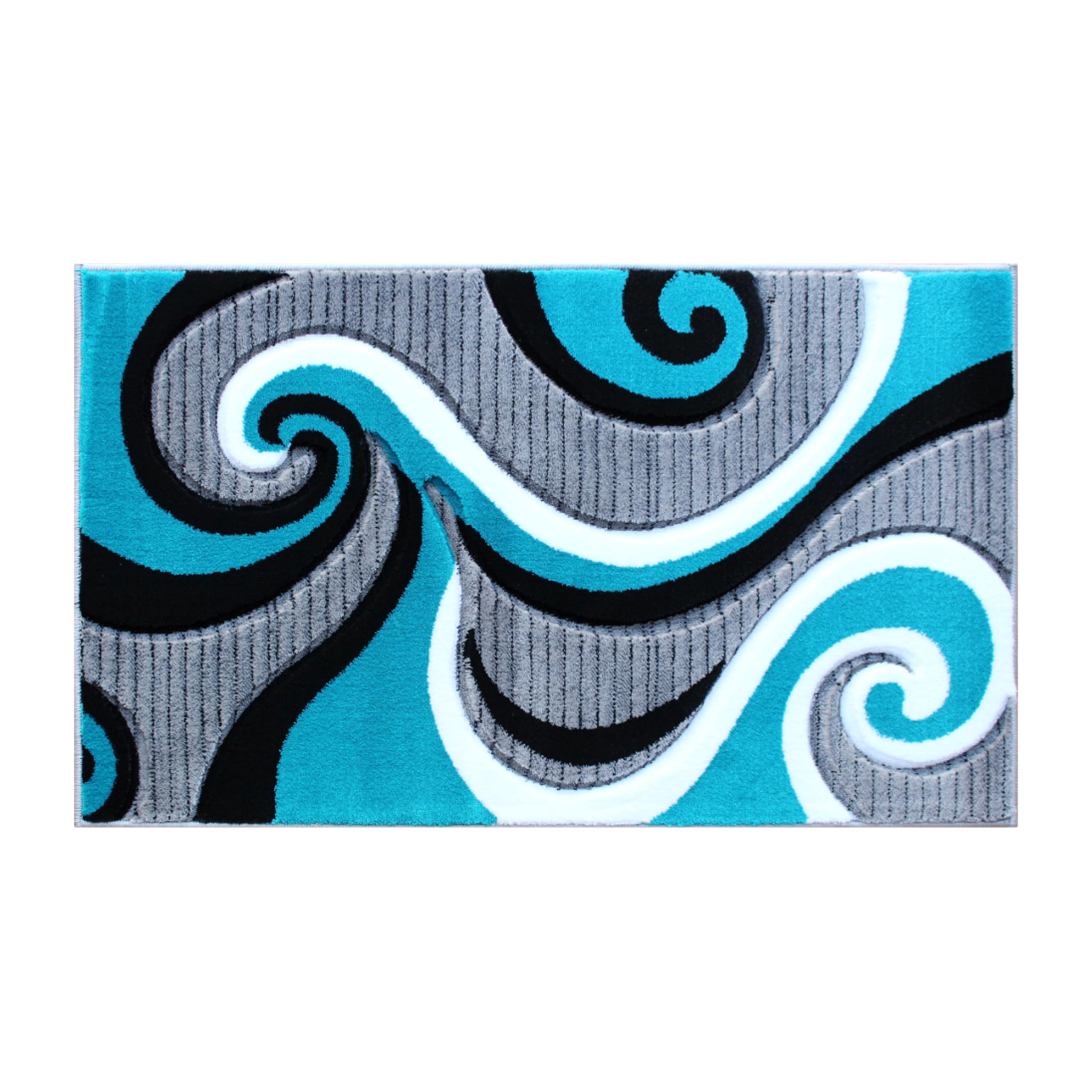 EMMA + OLIVER Modern Turquoise Accent Rug - 3D Sculpted Swirl Pattern with Jute Backing | Stain Resistant Modal Olefin Rug 2x3 ft | Perfect for Living Room, Bedroom or Office Decor