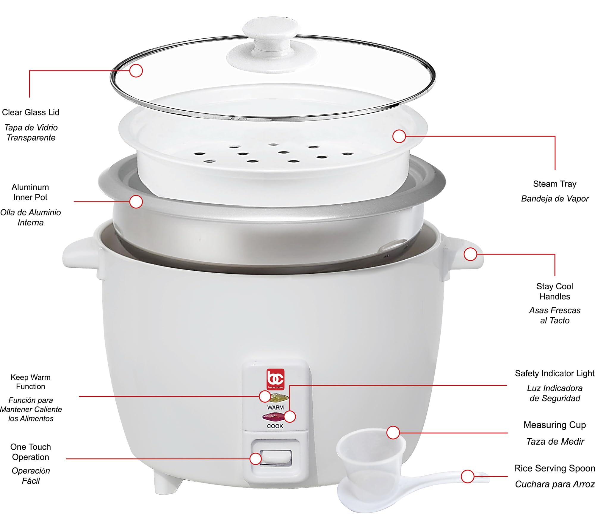 Bene Casa 12-Cup Rice Cooker with Glass Lid - Nonstick Aluminum Inner Pot & 12-Hour Keep Warm - Perfect for Family Meals, Meal Prep, and Dorm Cooking (6 Cups Uncooked Rice Capacity)