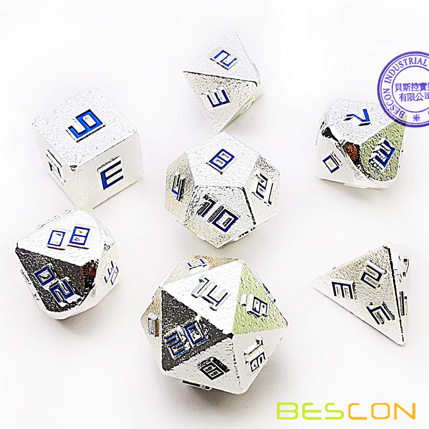Bescon Shiny Silver-Ore Lode Solid Metal Dice Set - Premium Raw Metal Polyhedral D&D RPG 7-Piece Dice Collection for Tabletop Gaming, Dungeons & Dragons, and Role Playing Adventures