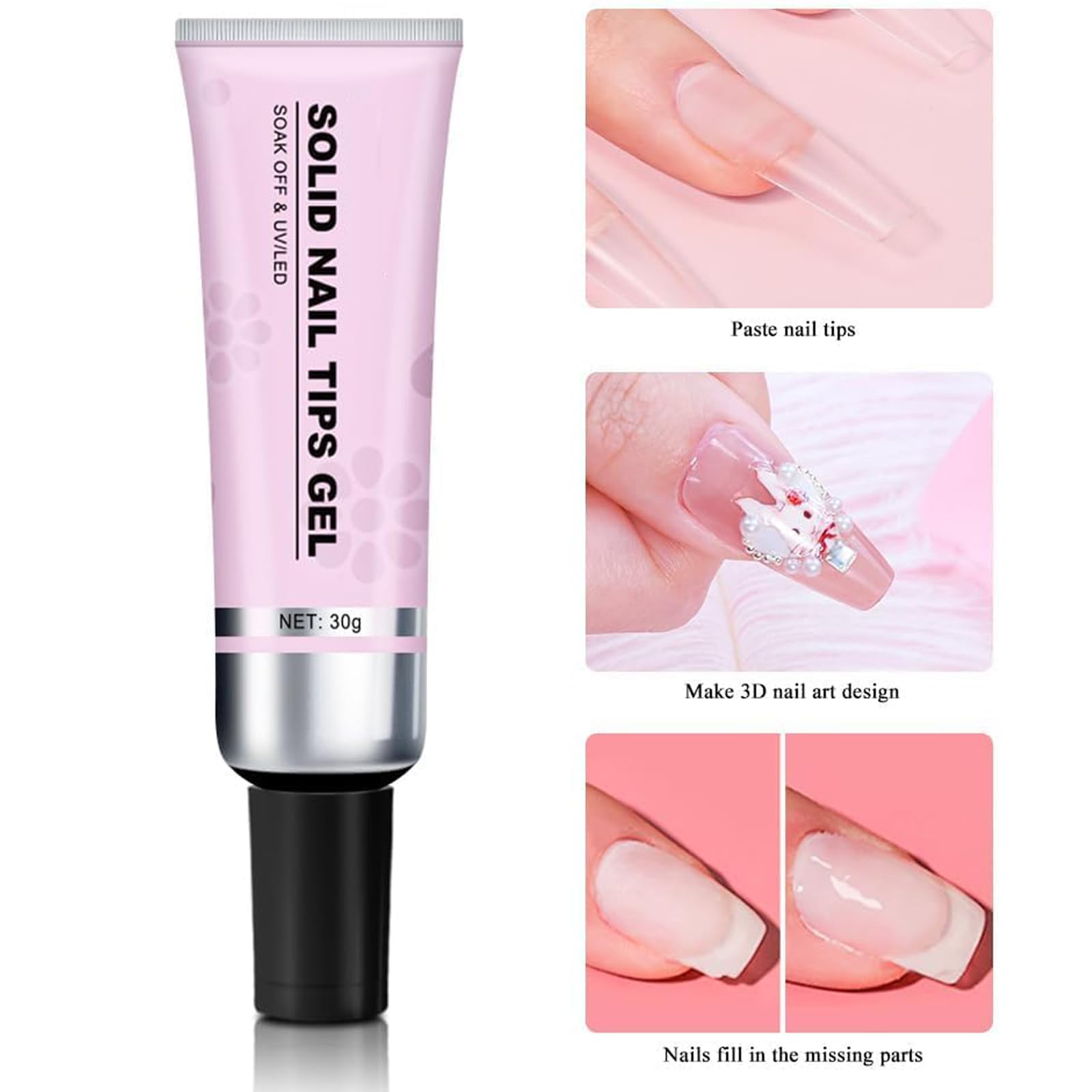 Lulou Magic Solid Nail Glue Kit 3-in-1 for Press on Nails - Strong Adhesive Nail Art Gel with Solid Nail Tips - Perfect for Salon, Home Manicures & DIY Nail Extensions (Ensemble B)