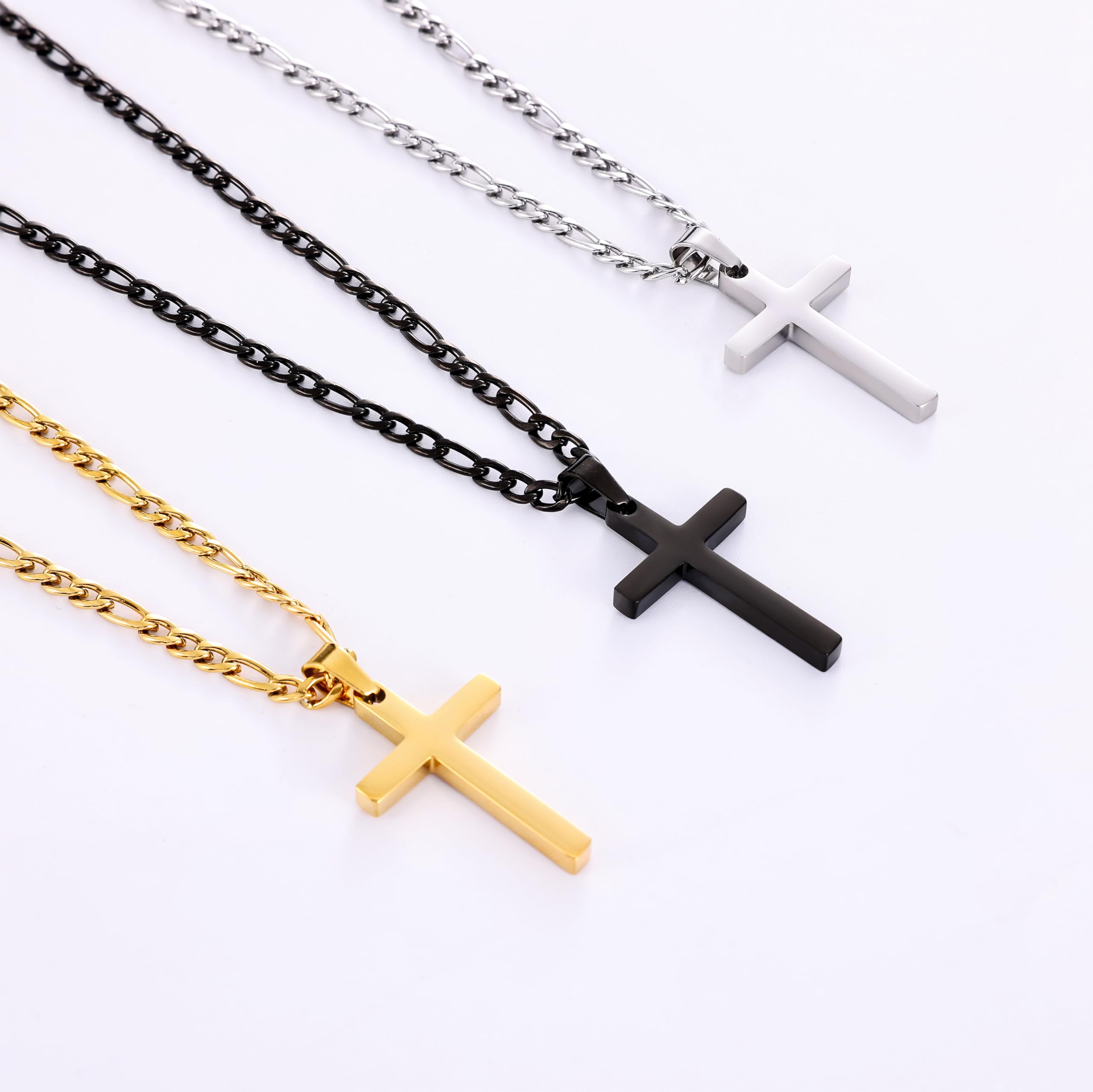 Fiusem Black Stainless Steel Cross Necklace for Men - 3.5mm Figaro Chain, Adjustable 16-24 Inch Pendant | Religious Jewelry Gift for Him, Everyday Wear & Special Occasions
