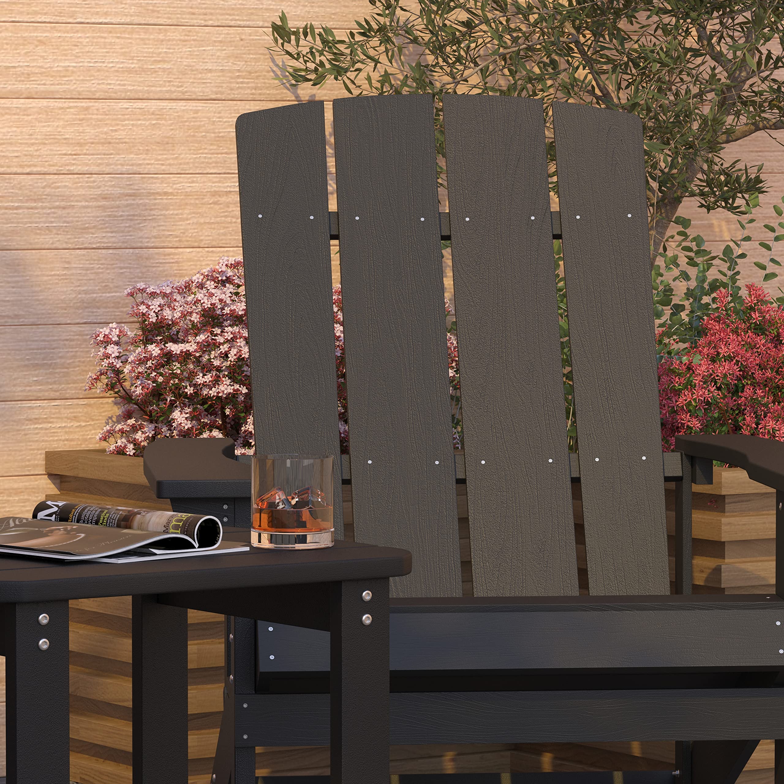 Merrick Lane Riviera Adirondack Patio Chairs and Table Set - Black Indoor/Outdoor Furniture for Deck, Garden, Poolside & Backyard Relaxation