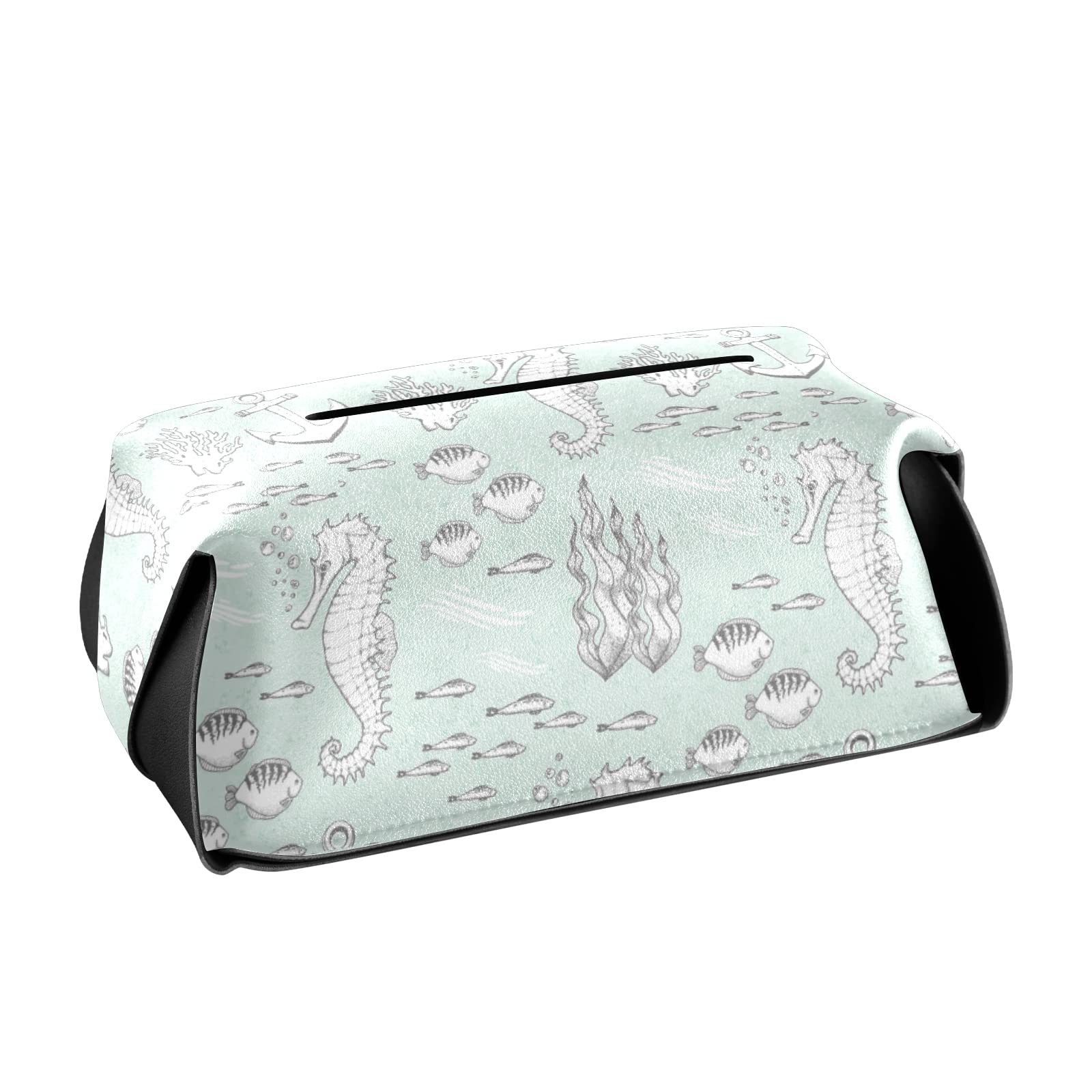 Premium PU Leather Seahorse Tissue Box Cover - Decorative Square Tissue Holder for Bathroom, Bedroom, Nightstand, Desk, Office & Car - Waterproof & Stylish Home Decor Accessory (Perfect for Coastal, Nautical & Beach-Themed Rooms)
