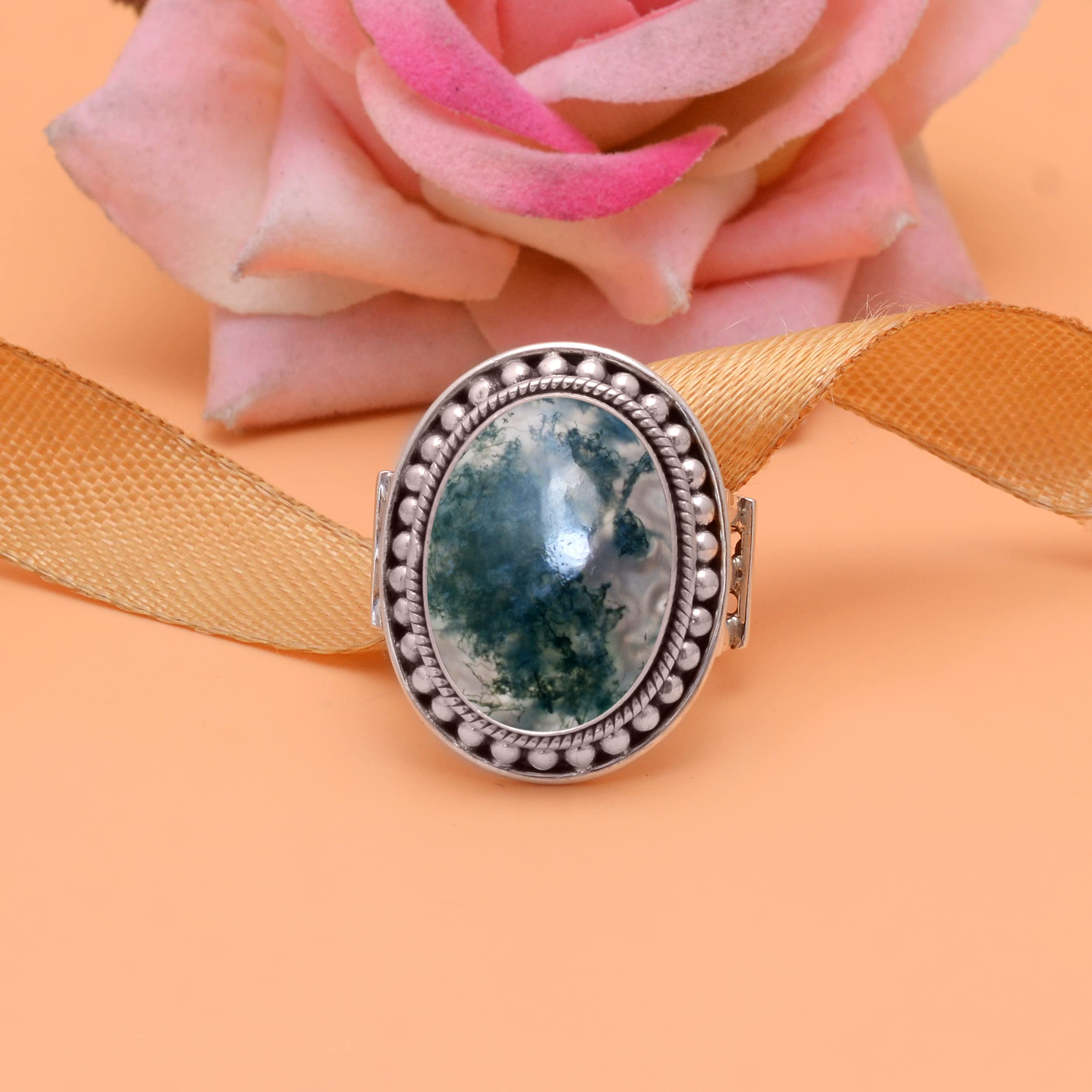 Veracity Jewelry Moss Agate Rings for Women - 925 Sterling Silver Healing Meditation Rings with Natural Green Gray Moss Agate Gemstone | Spiritual Jewelry, Yoga Accessories, Gift for Her (VSR-37)