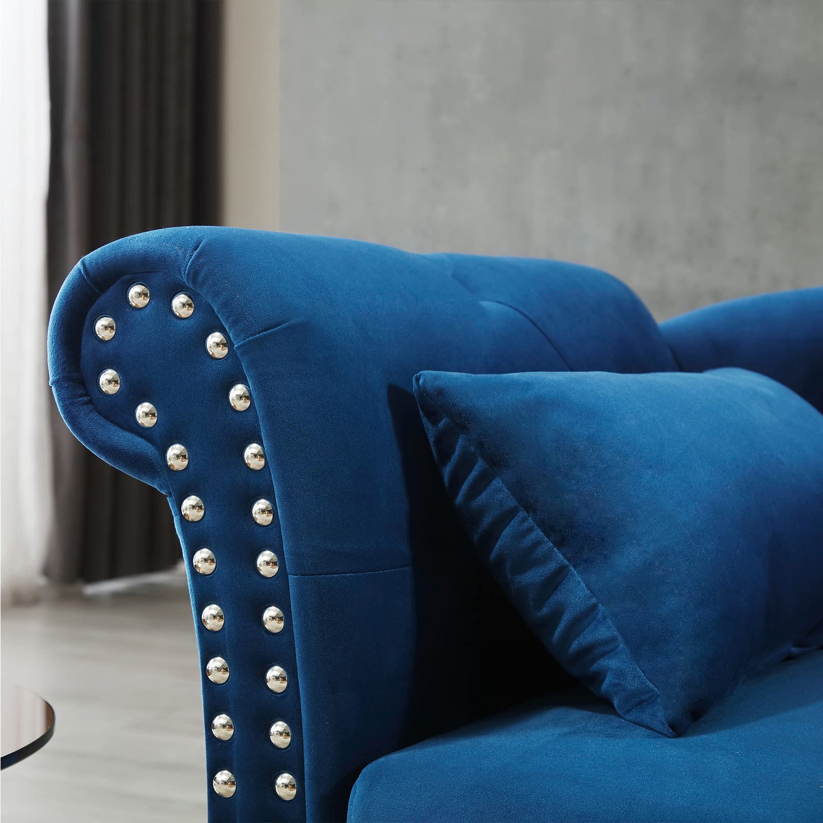 Velvet Chaise Lounge Chair with Storage & Pillow - Modern Upholstered Rolled Arm Sofa Bed with Nailhead Trim for Living Room, Bedroom & Office (Blue) | Perfect for Relaxing, Reading & Napping in Style