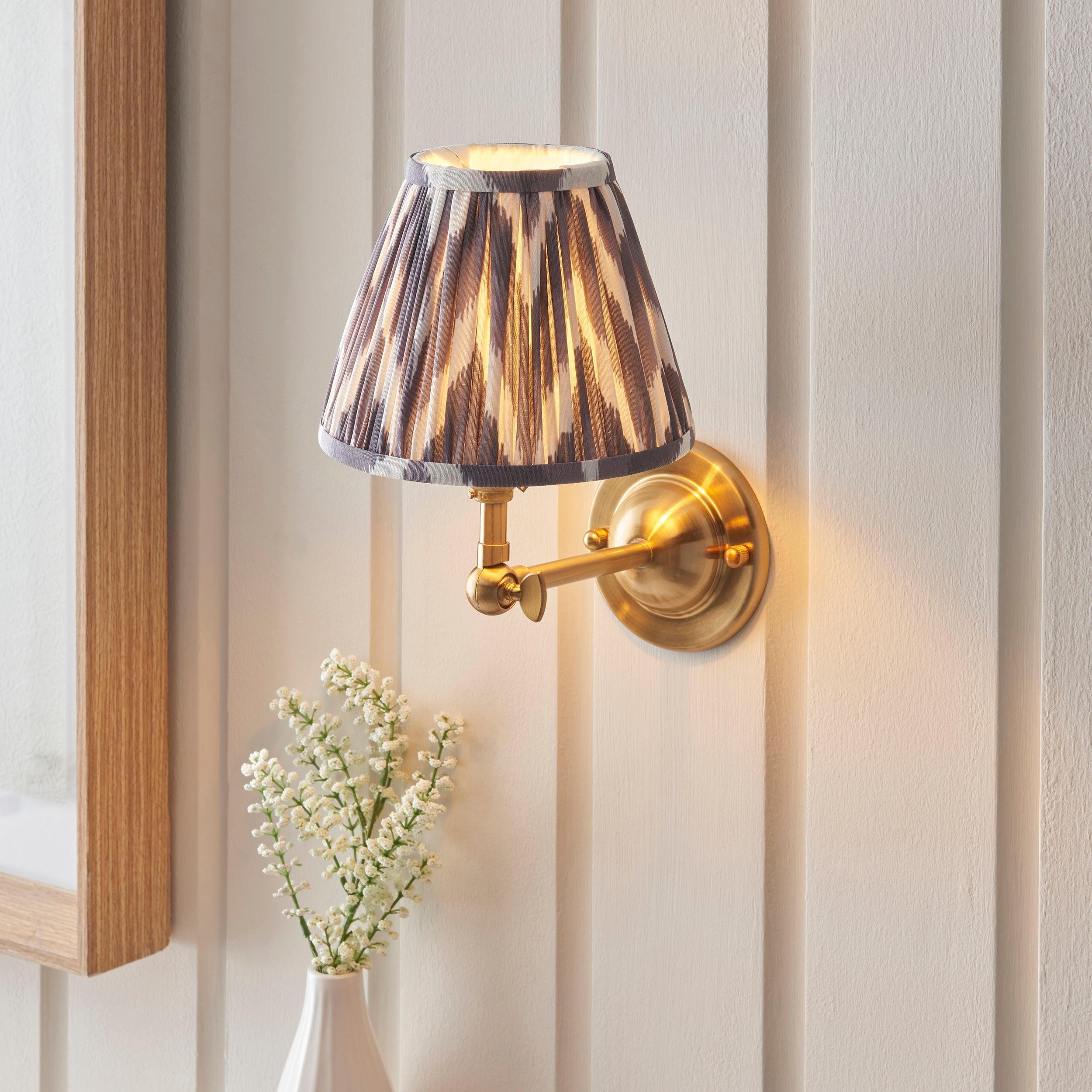 Vintage Dome Wing Brass Wall Light with 16cm Pearl Grey Zigzag Shade - Perfect for Bedroom, Living Room, and Hallway Lighting