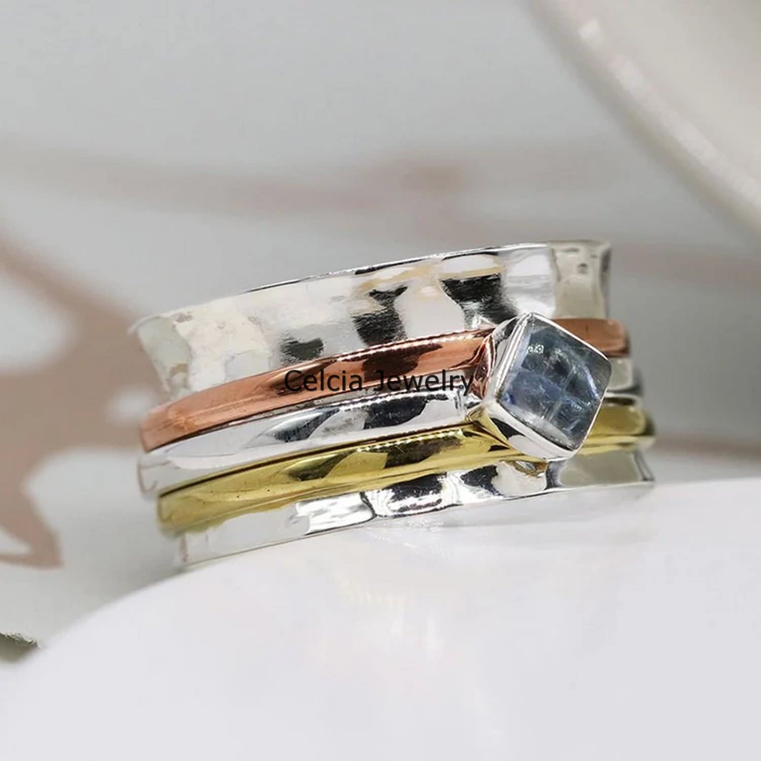 Moonstone Handmade Spinner Square Ring – Meditation & Anxiety Relief Fidget Ring, Three-Tone Hammered Design, Unique June Birthstone Jewelry (US Size 7) – Perfect for Stress Relief, Mindfulness Practice & Stylish Everyday Wear