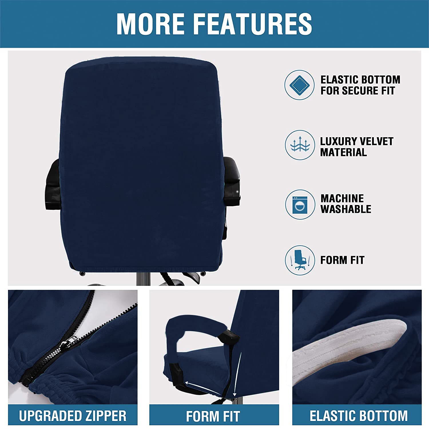 Stretchable Velvet Office Chair Cover - Removable & Washable Universal Elastic Slipcover for Computer, High Back & Rotating Chairs - Modern Simplistic Style (Navy, Small) - Perfect for Home Office, Gaming & Workspace Decor
