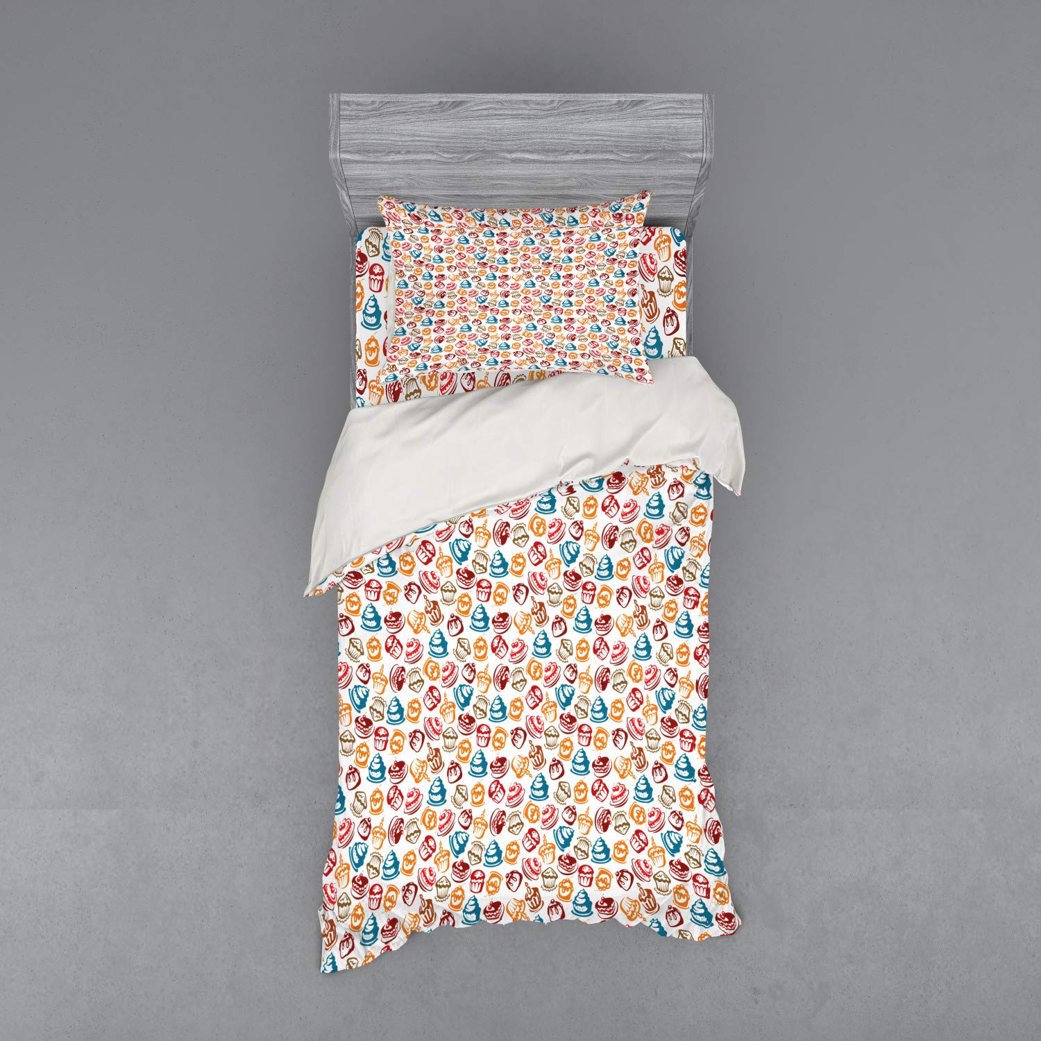 Ambesonne 3-Piece Culinary Themed Bedding Set - Cupcakes, Cakes, Creams & Cherries Print Duvet Cover with Sham & Fitted Sheet, Twin Size in Petrol Blue, Ginger & Ruby White | Perfect for Bakeries, Sweet Shops & Dessert-Themed Bedrooms