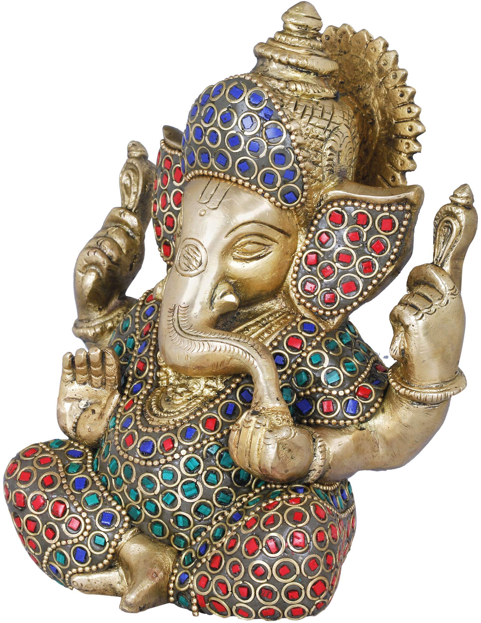Exquisite Handcrafted Brass Ganesha Statue with Intricate Inlay Work - Hindu God of Wisdom & Prosperity - Perfect for Home Altar, Office Decor & Spiritual Gifts