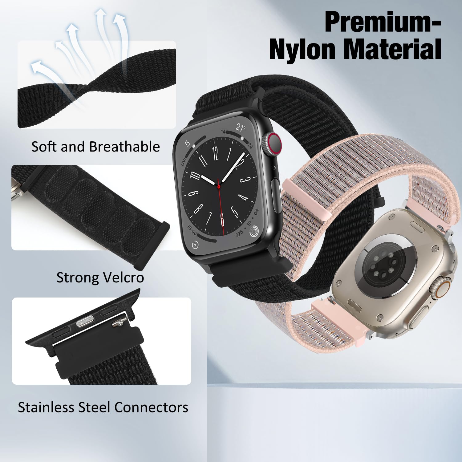 BTTNG Nylon Bands for Apple Watch - Compatible with Ultra/Ultra 2/Series SE 10 9 8 7 6 5 4 3 2 1 (49mm 45mm 44mm 42mm 41mm 40mm 38mm) - Breathable Sport Strap for Men & Women - Perfect for Running, Gym & Outdoor Activities