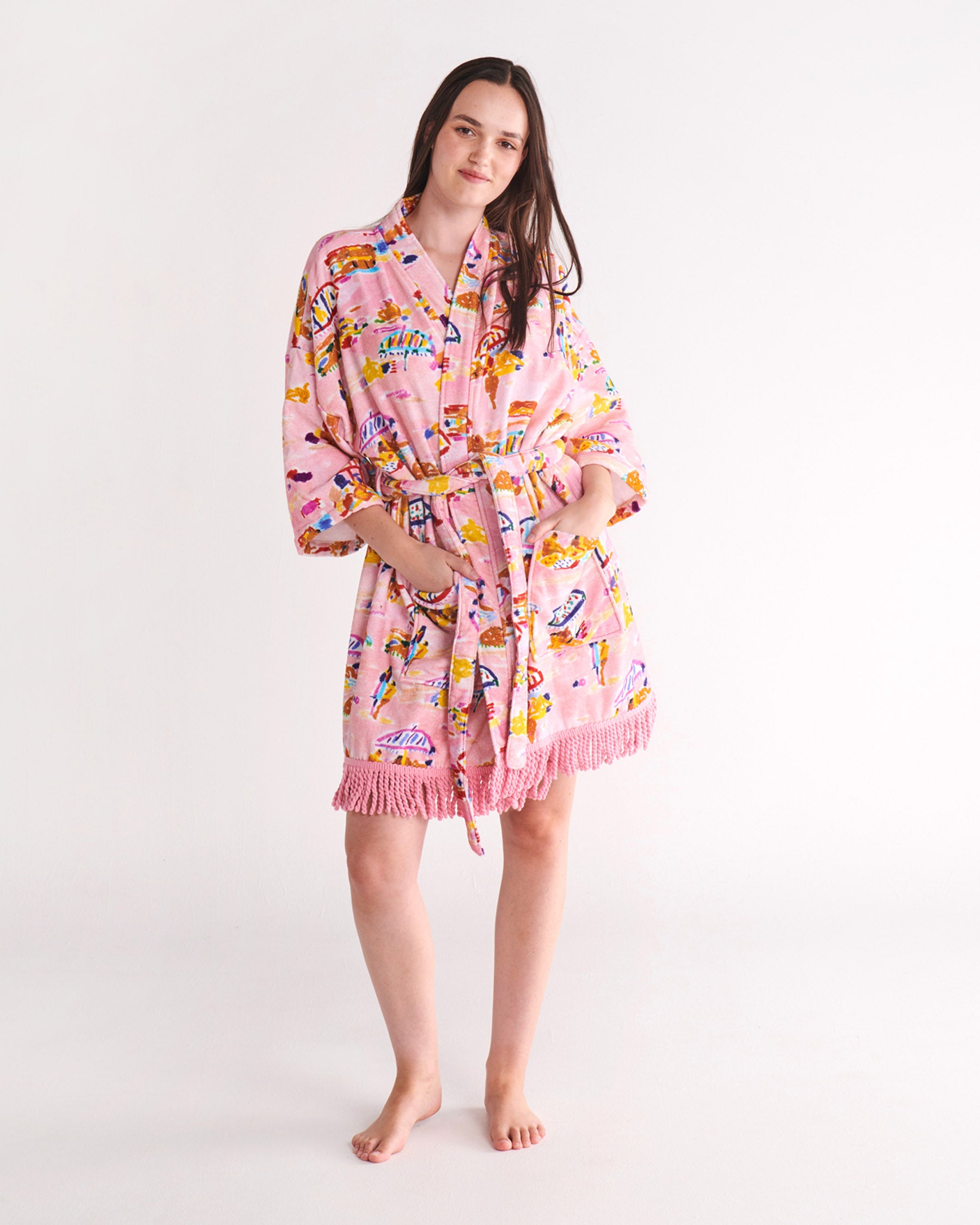 Kip&Co x Ken Done Beach Days Terry Mini Robe - Soft Cotton Bathrobe for Women, Lightweight Summer Cover Up, Poolside Lounging & Vacation Essential