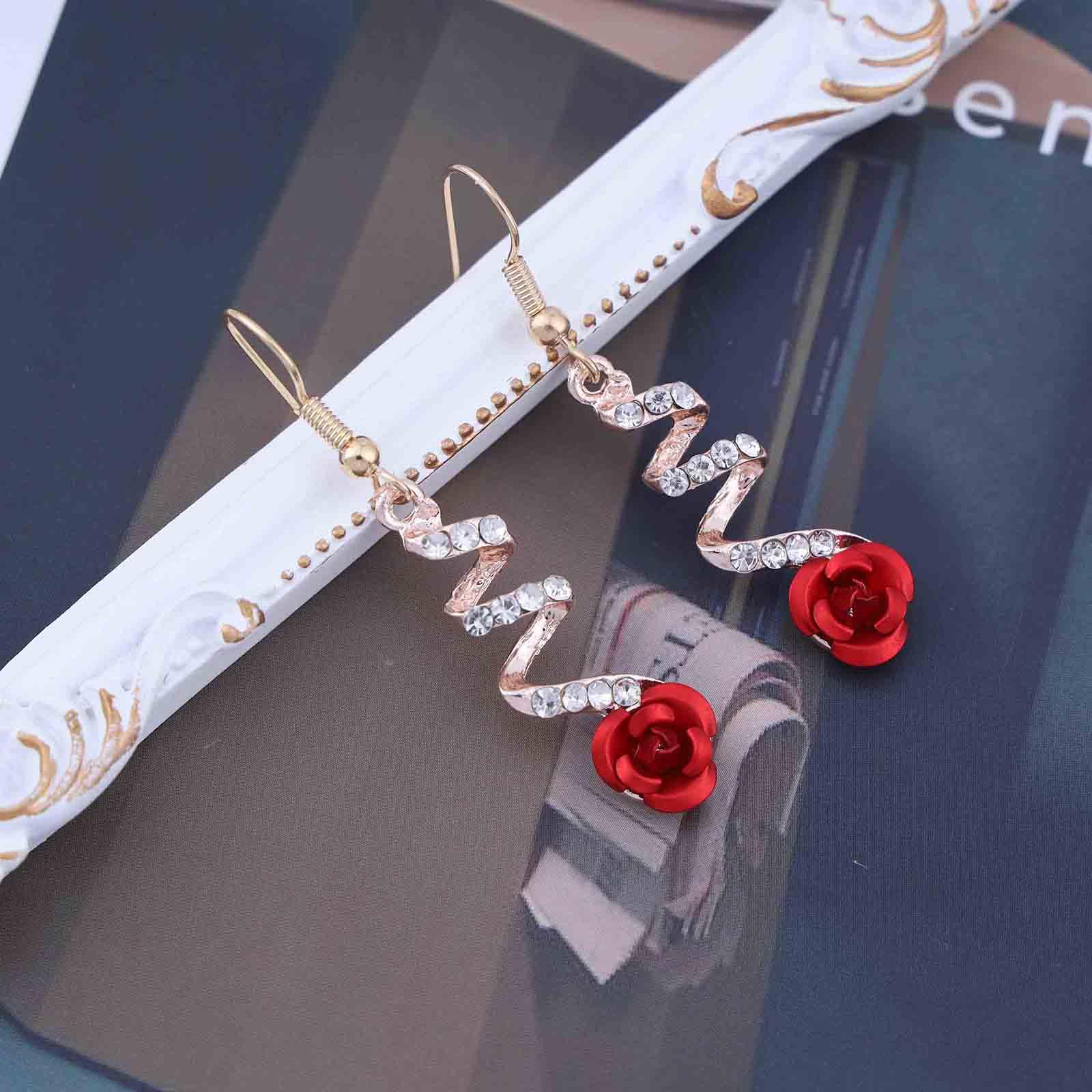Boho Acrylic Red Rose Earrings - Romantic Cz Rose Drop Dangle Earrings for Women | Resin Flower Jewelry Gift for Her, Perfect for Weddings, Parties & Date Nights