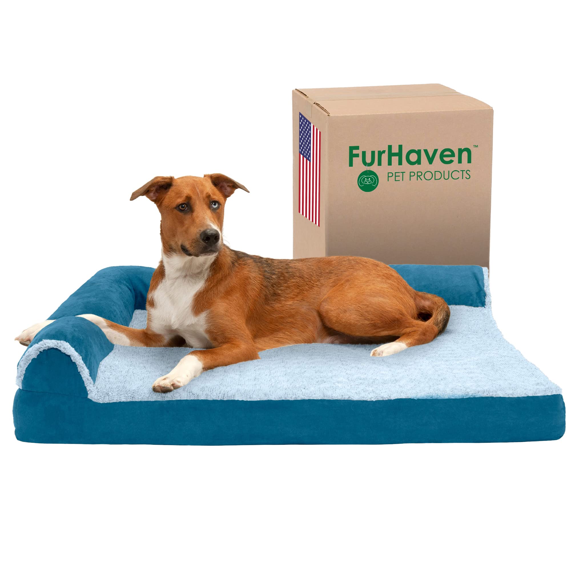 Furhaven Cooling Gel Dog Bed for Large Dogs up to 95 lbs - Removable Bolsters & Washable Cover - Plush Faux Fur & Suede L-Shaped Chaise - Marine Blue (Jumbo/XL) - Perfect for Hot Weather & Joint Relief - Great for Living Room, Bedroom or Crate