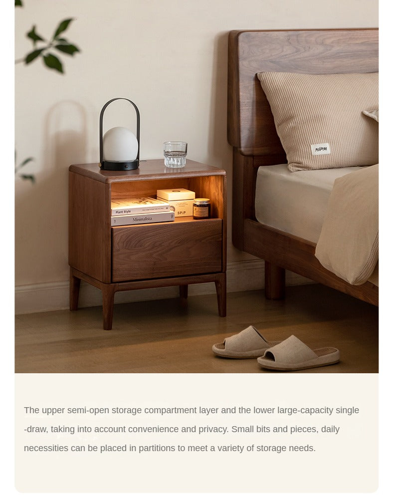 Premium Black Walnut & Ash Solid Wood Nightstand with Built-in Light - Modern Bedside Table for Bedroom Decor & Small Space Storage