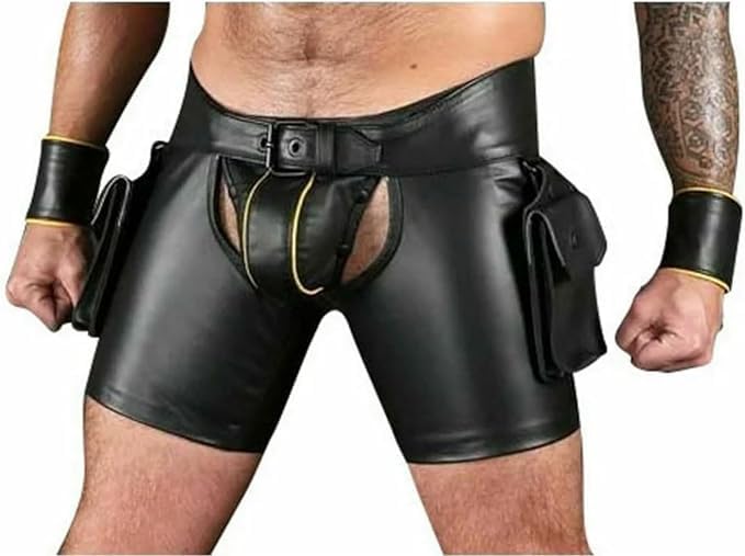 Men's Genuine Cowhide Leather Shorts - Gay Chaps for Motorcycle Riding & Biker Fashion - American Western Style Leather Pants for Clubwear & Costume Parties