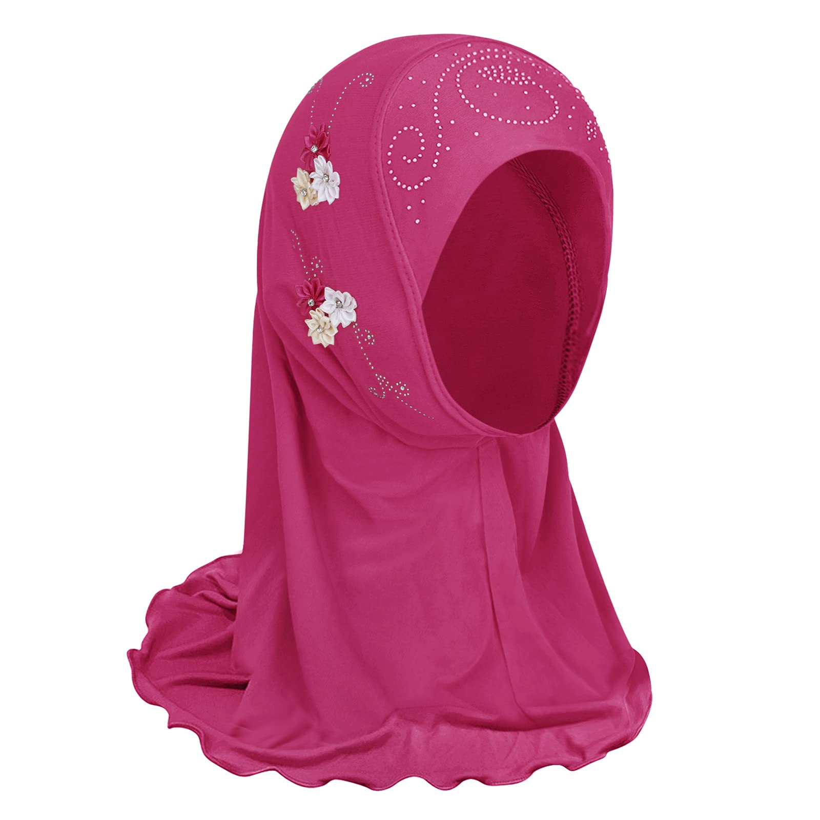 Girls Muslim Hijab Floral Lace Head Scarf - Islamic Modesty Shawl for Kids & Teens - Breathable Arab Head Wrap with Flower Embroidery - Perfect for School, Prayer & Special Occasions