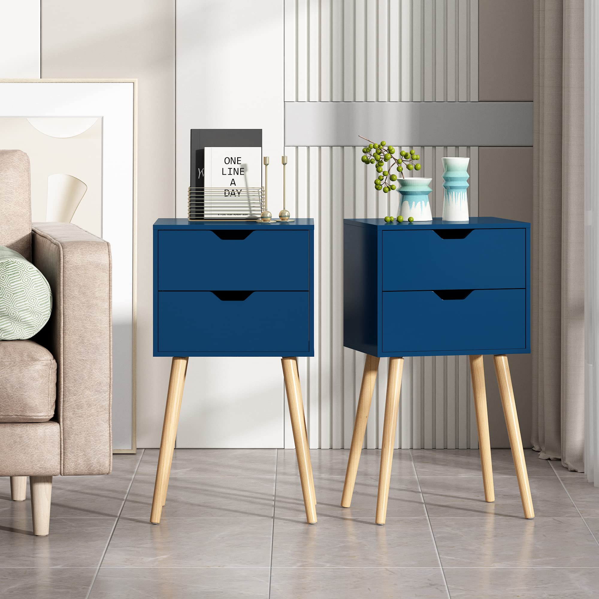 JAXPETY Nightstands Set of 2 - Modern Bedside Tables with Drawers & Solid Wood Legs, Large Storage End Tables for Bedroom (Blue) | Perfect for Small Spaces, Guest Rooms & Apartment Living
