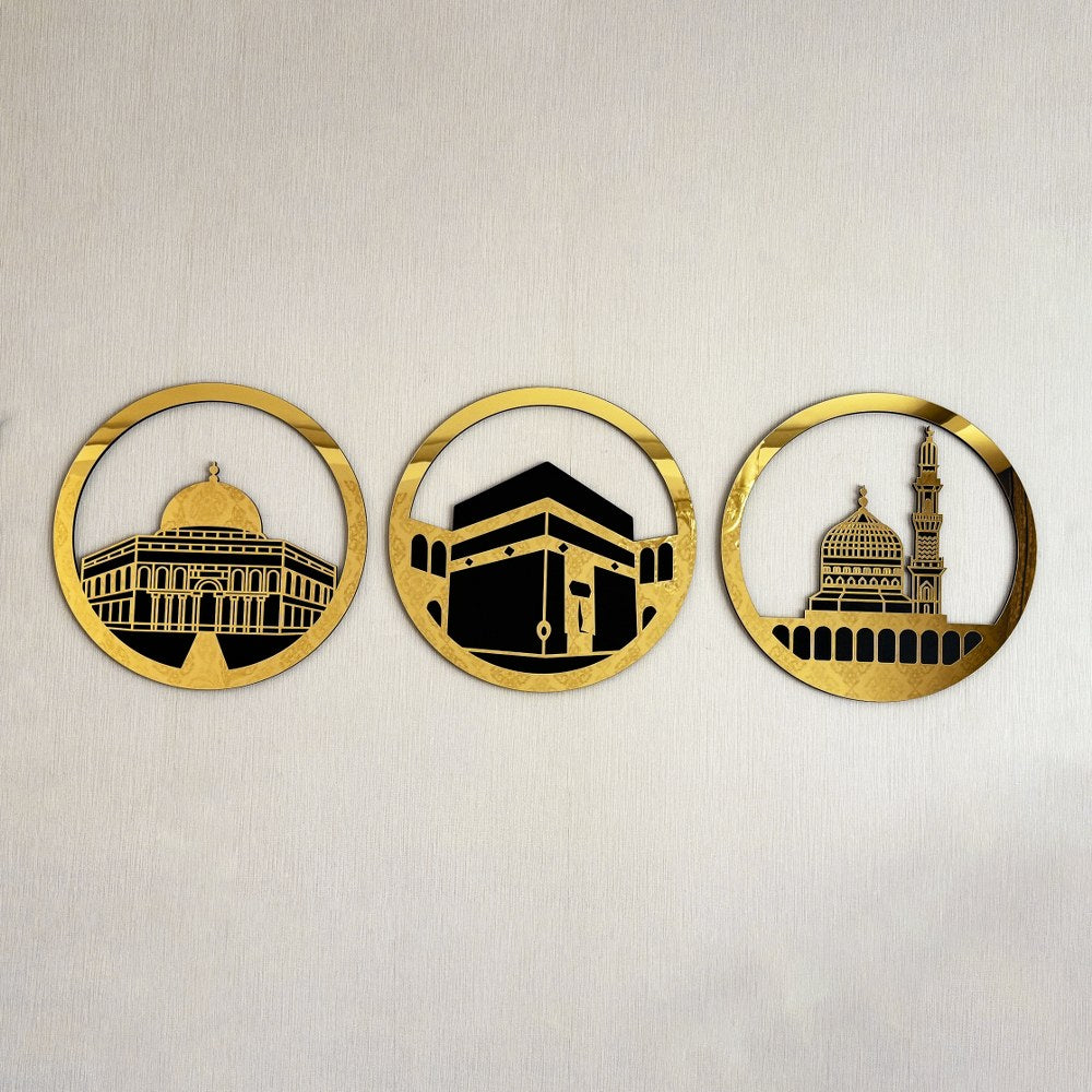 Masjid Al Aqsa Al Haram An Nabawi Islamic Wall Art - Circular Design Canvas for Muslim Home Decor & Mosque Interior