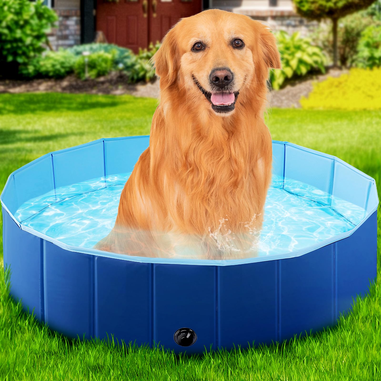Foldable Dog Pool for Small Dogs & Cats - 32x8 Inch Dark Blue Portable Pet Wading Pool | Hard Plastic Kiddie Swimming Pool for Dogs & Kids | Collapsible Bathing Tub for Indoor/Outdoor Use, Backyard, Beach & Travel