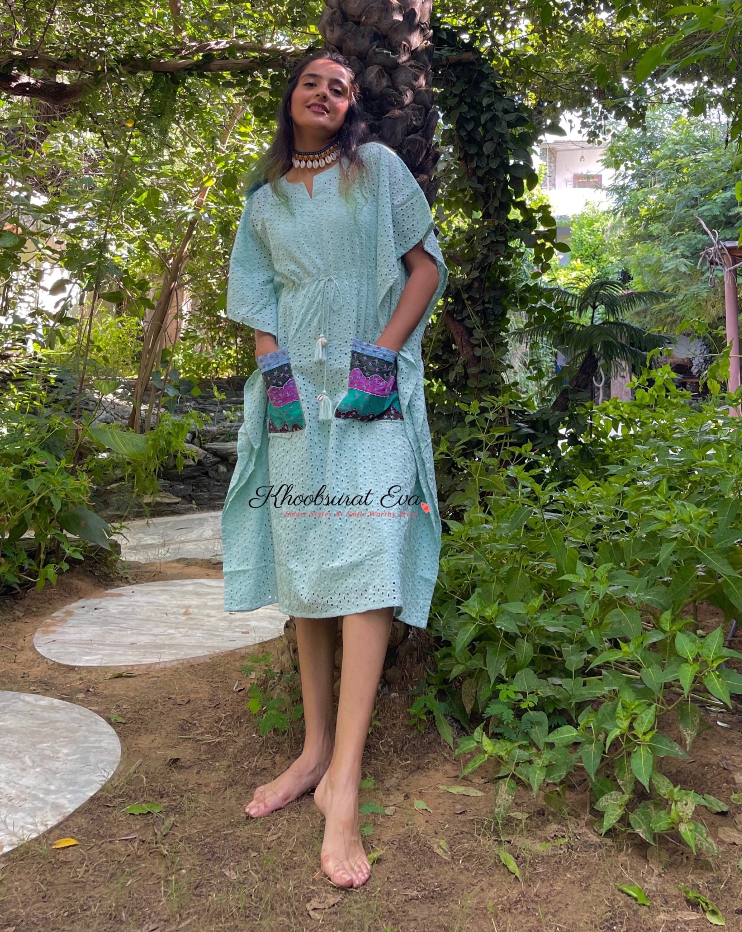 Pastel Blue Chikankari Kaftan Dress - Elegant Embroidered Cotton Maxi Dress for Women | Perfect for Beach, Vacation & Summer Outfits
