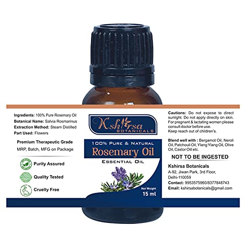 Kshirsa Botanicals 100% Pure & Natural Rosemary Essential Oil (15ml) - Promotes Hair Growth, Skin & Body Care | Aromatherapy, Massage & DIY Beauty Uses