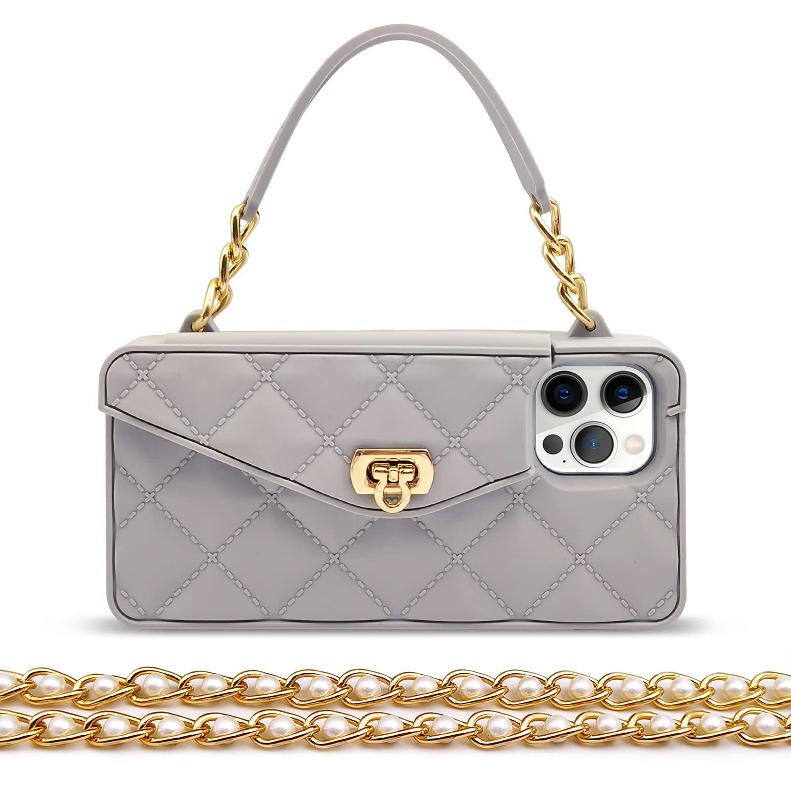 Luxury iPhone 13 Pro Max Wallet Case with Card Holder - Soft Silicone Cover with Pearl Chain Shoulder Strap & Wrist Lanyard - Perfect for Women & Girls (Gray) | Ideal for Everyday Use, Travel, Shopping & Hands-Free Convenience