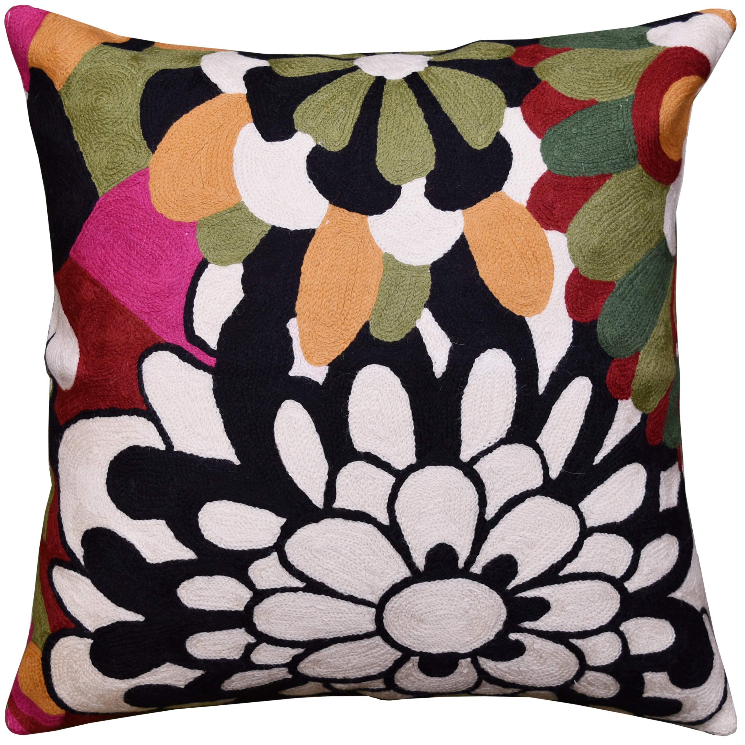 Kashmir Designs Black Daisy Floral Pillow Cover - 18x18 Inch Hand Embroidered Wool Cushion | Suzani Accent Pillow for Sofa, Bed & Outdoor Decor | Floral Chair Cushions & Decorative Throw Pillows