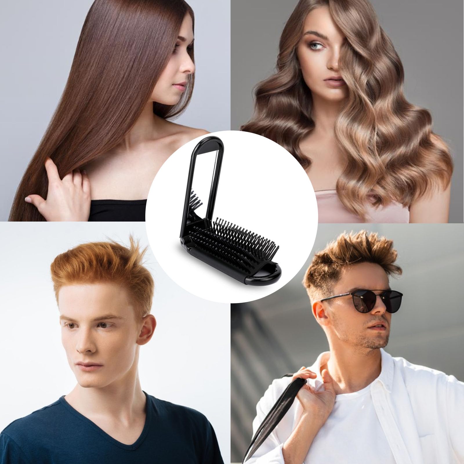 Foldable Travel Hair Brush with Mirror & Massage - 2 Pack for Styling On-the-Go