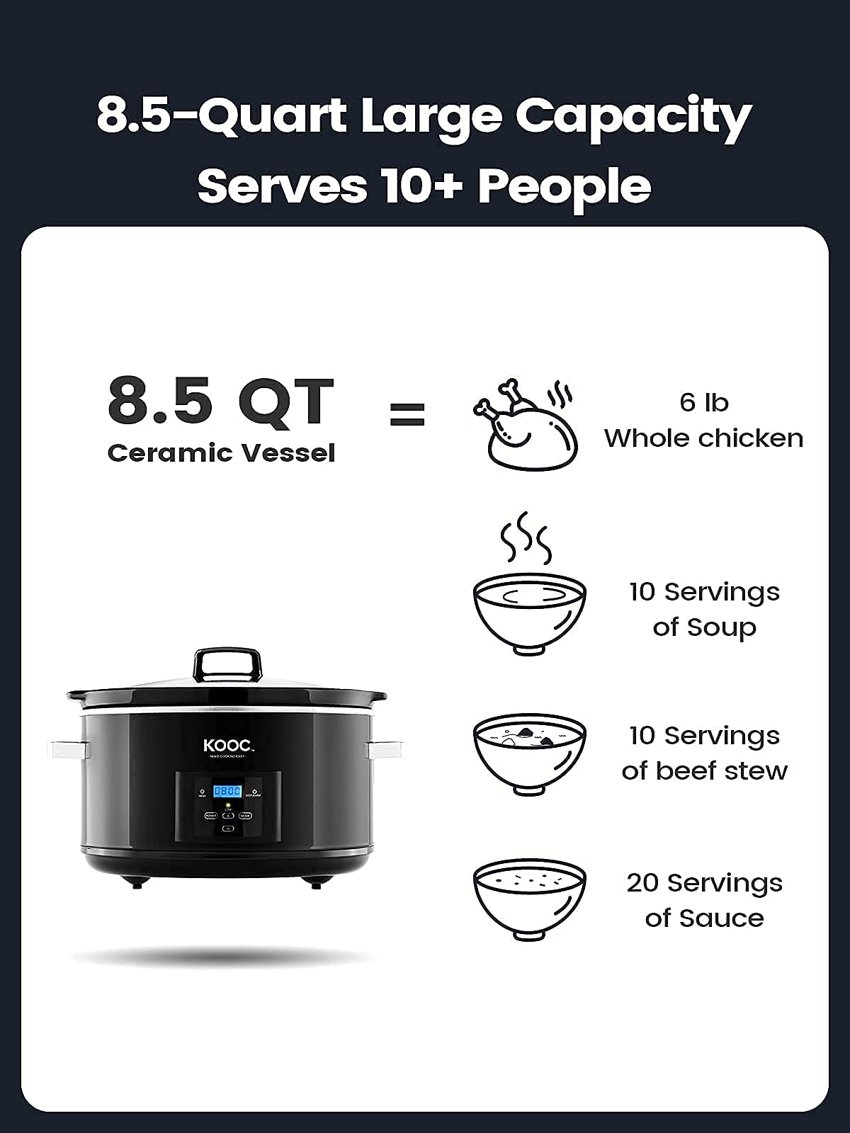 KOOC 8.5-Quart Programmable Slow Cooker with 5 Free Liners + 3-Pack Extra Liners - Digital Temperature Control, Upgraded Pot, Nutrient Preservation - Perfect for Family Dinners, Meal Prep & Holiday Cooking