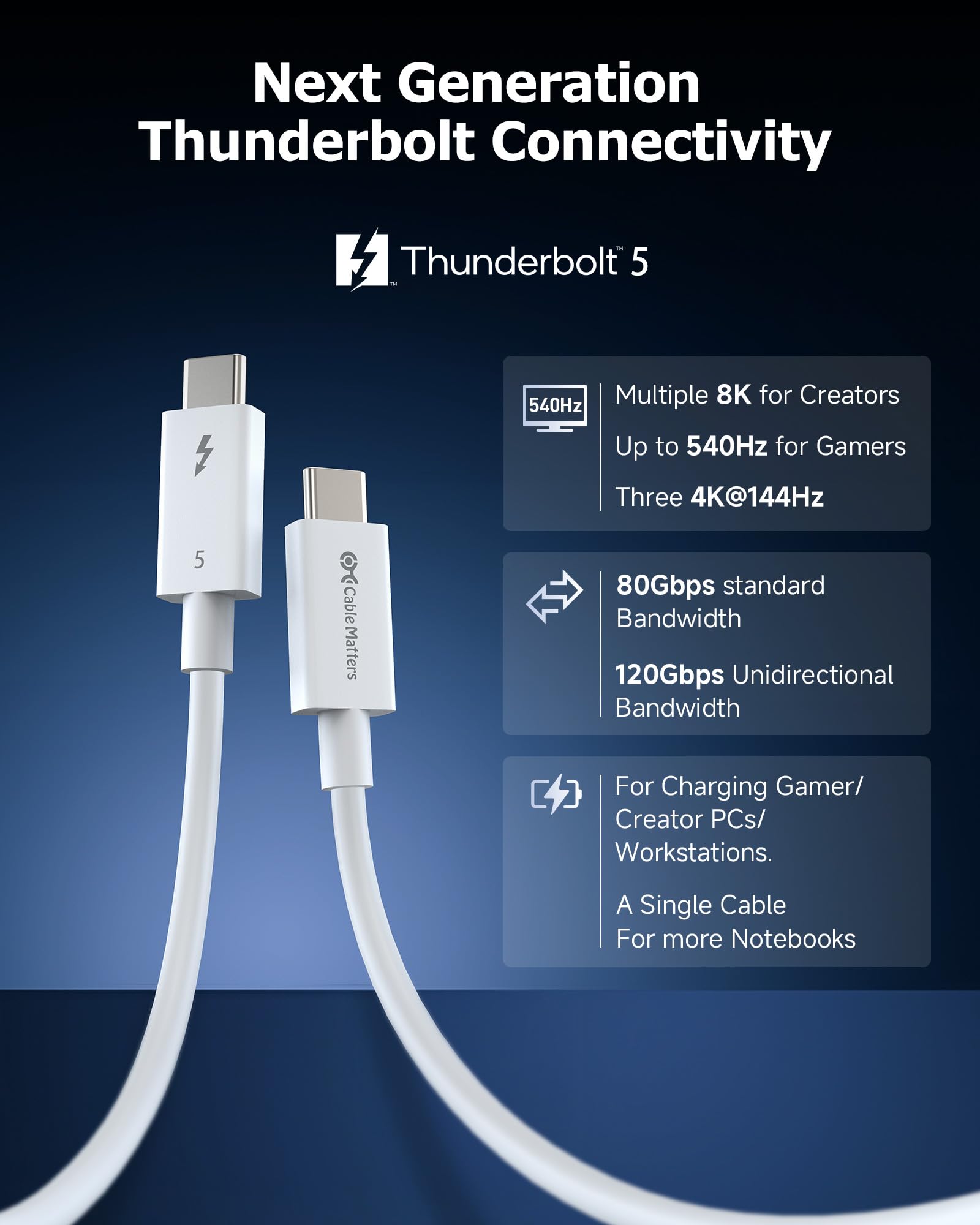 Intel Certified Thunderbolt 5 Cable 80Gbps with 120Gbps Bandwidth Boost & 240W Fast Charging - 1m/3.3ft White | Compatible with Thunderbolt 4/USB 4/USB-C | Perfect for MacBook Pro, Gaming Laptops & High-Speed Data Transfer