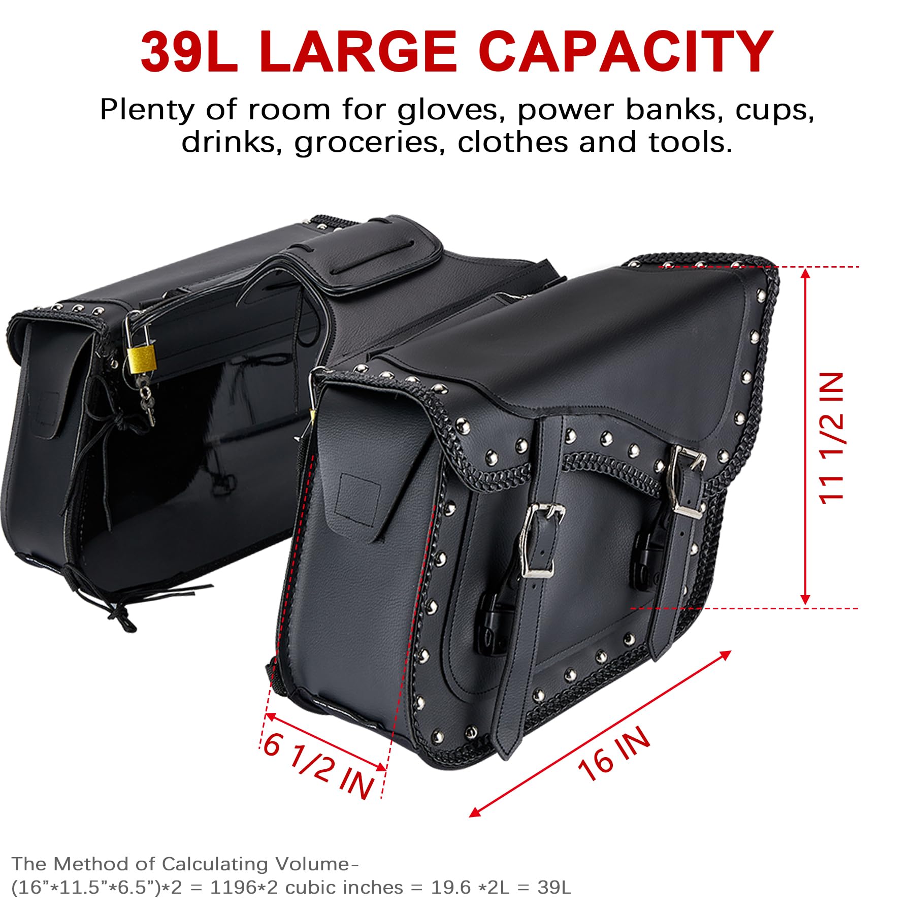 Dream Apparel Faux Leather Motorcycle Saddle Bags - Studded Throw Over Side Bags for Honda Shadow, Sportster, Softail & Dyna V-Star - Waterproof PVC Motorcycle Luggage (Black) - Perfect for Cruiser Bikes & Long Distance Riding