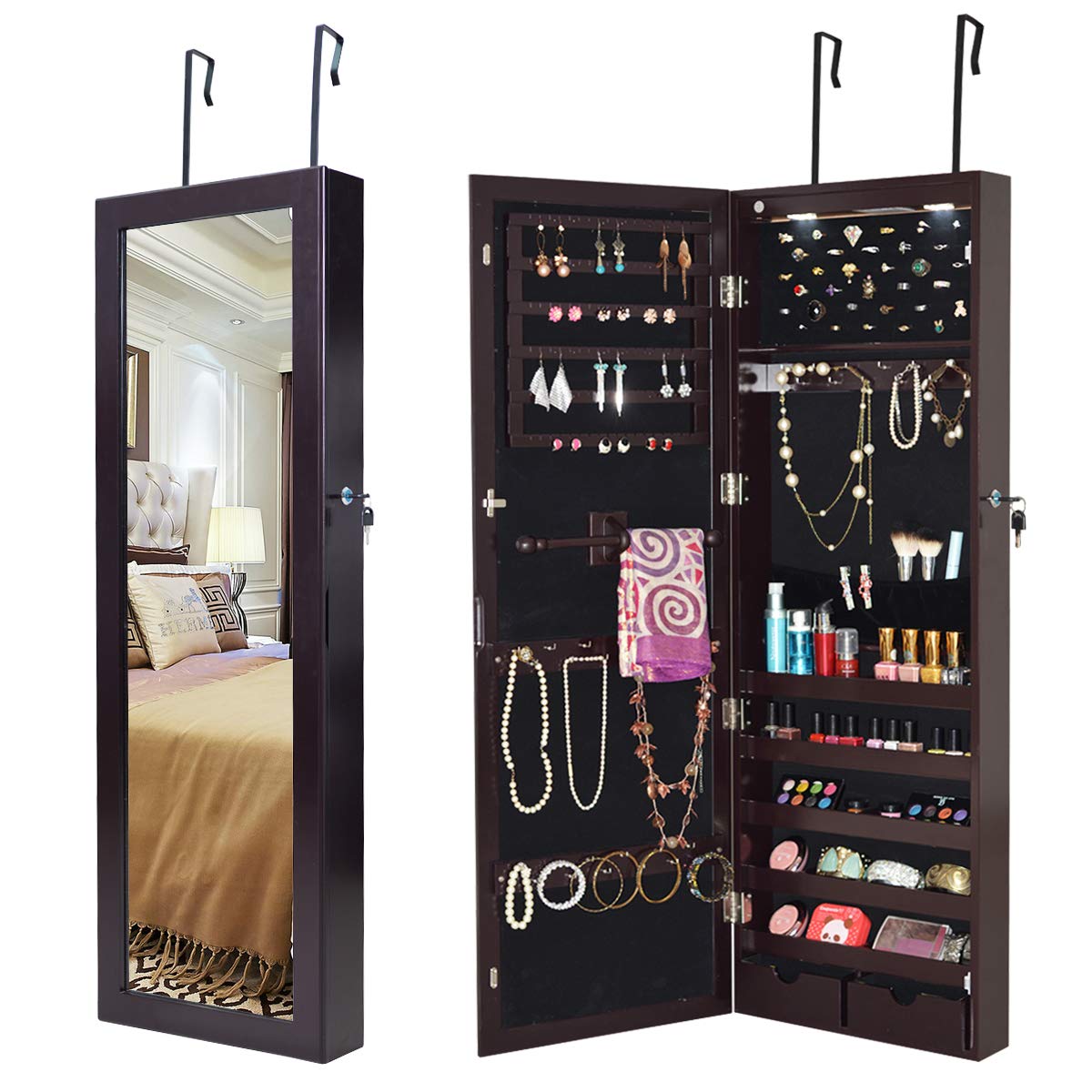 GOFLAME Full Length Mirror Jewelry Cabinet - Wall Mounted Jewelry Armoire with LED Lights, Lockable Drawers & Large Storage Capacity - Over the Door Mirror Organizer for Bedroom, Closet & Dressing Room (Brown)