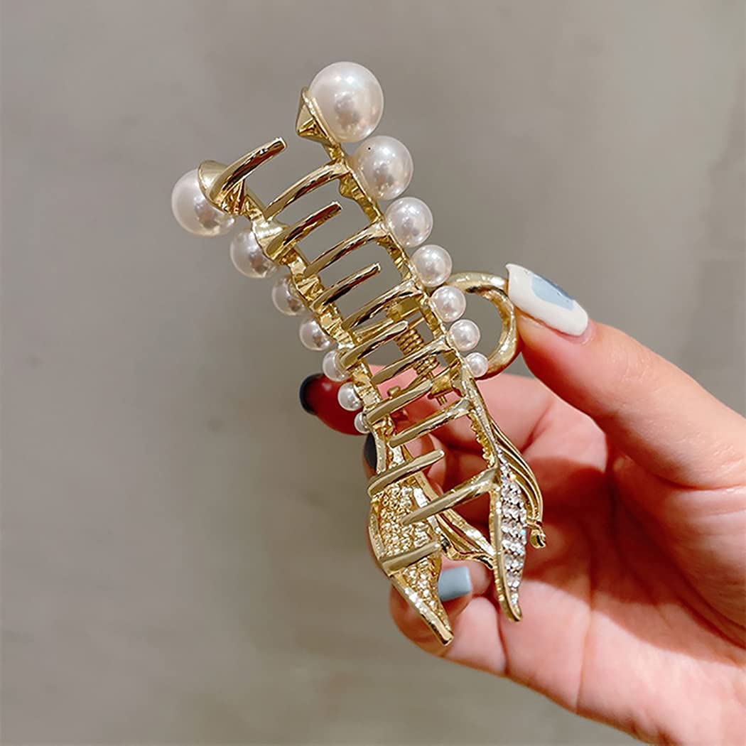 SQUICKLE Large Pearl Hair Claw Clips for Women & Girls - Strong Hold Metal Clips for Thick Long Hair, Diamond Barrettes & Hair Accessories - Perfect for Updos, Ponytails & Everyday Hairstyles