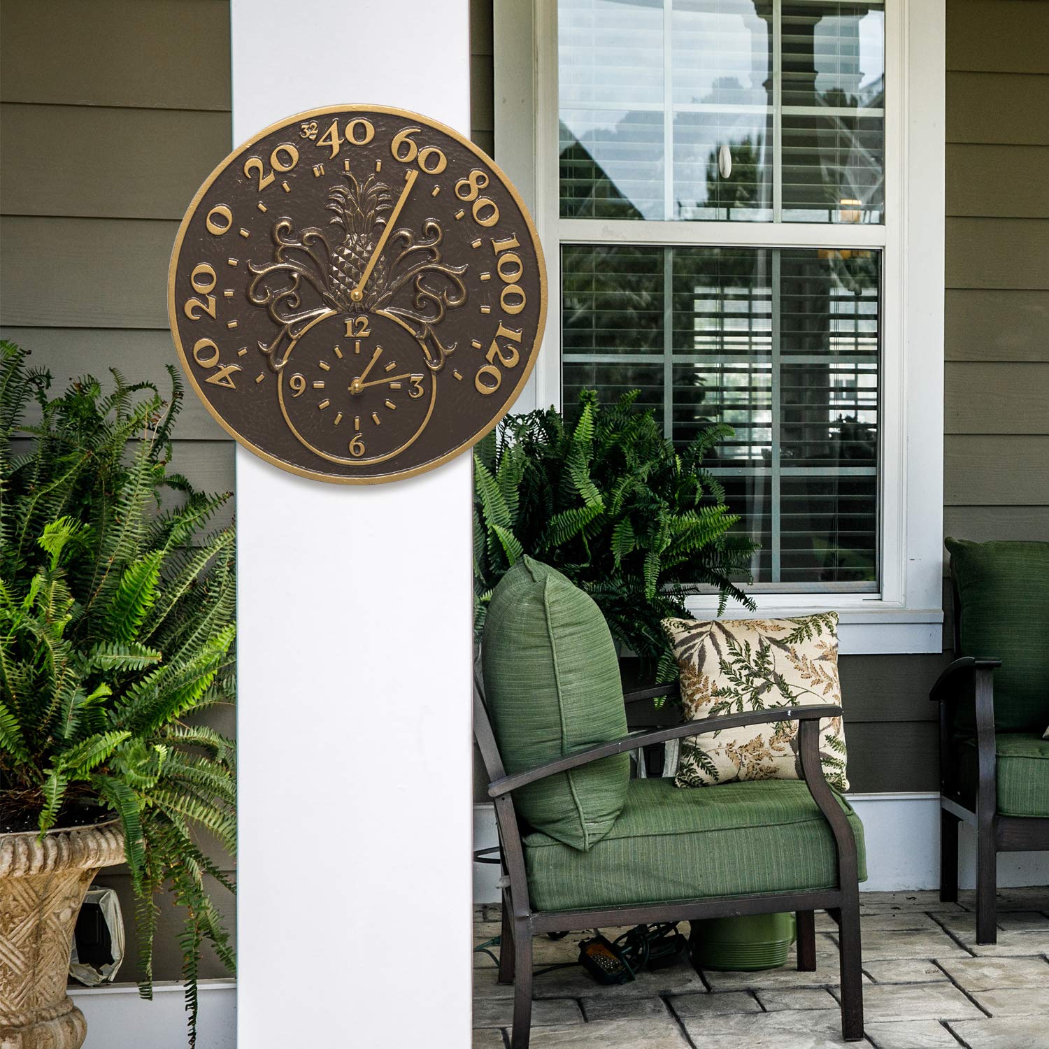 Whitehall Products 01793 Pineapple Thermometer & Clock Set - Tropical Home Decor for Kitchen, Bathroom, or Outdoor Spaces