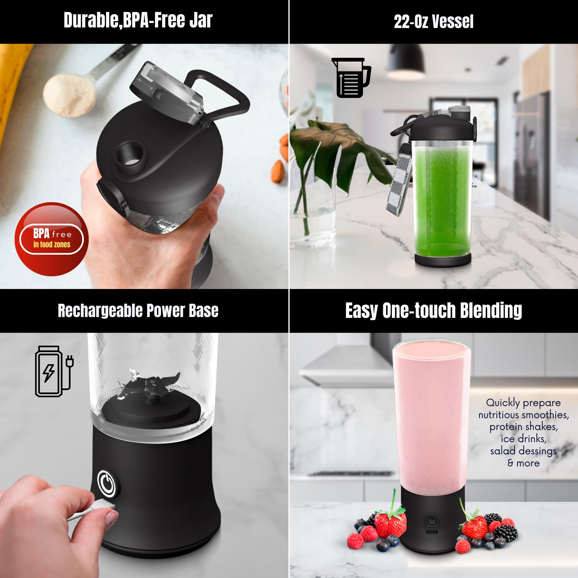 SSKAWorldwide 21oz Portable Blender - Rechargeable Personal Smoothie Maker with 6 Stainless Steel Blades, USB Charging for Home, Office, Gym, Sports & Travel - Perfect for Protein Shakes, Fruit Juices & Meal Prep (Black)