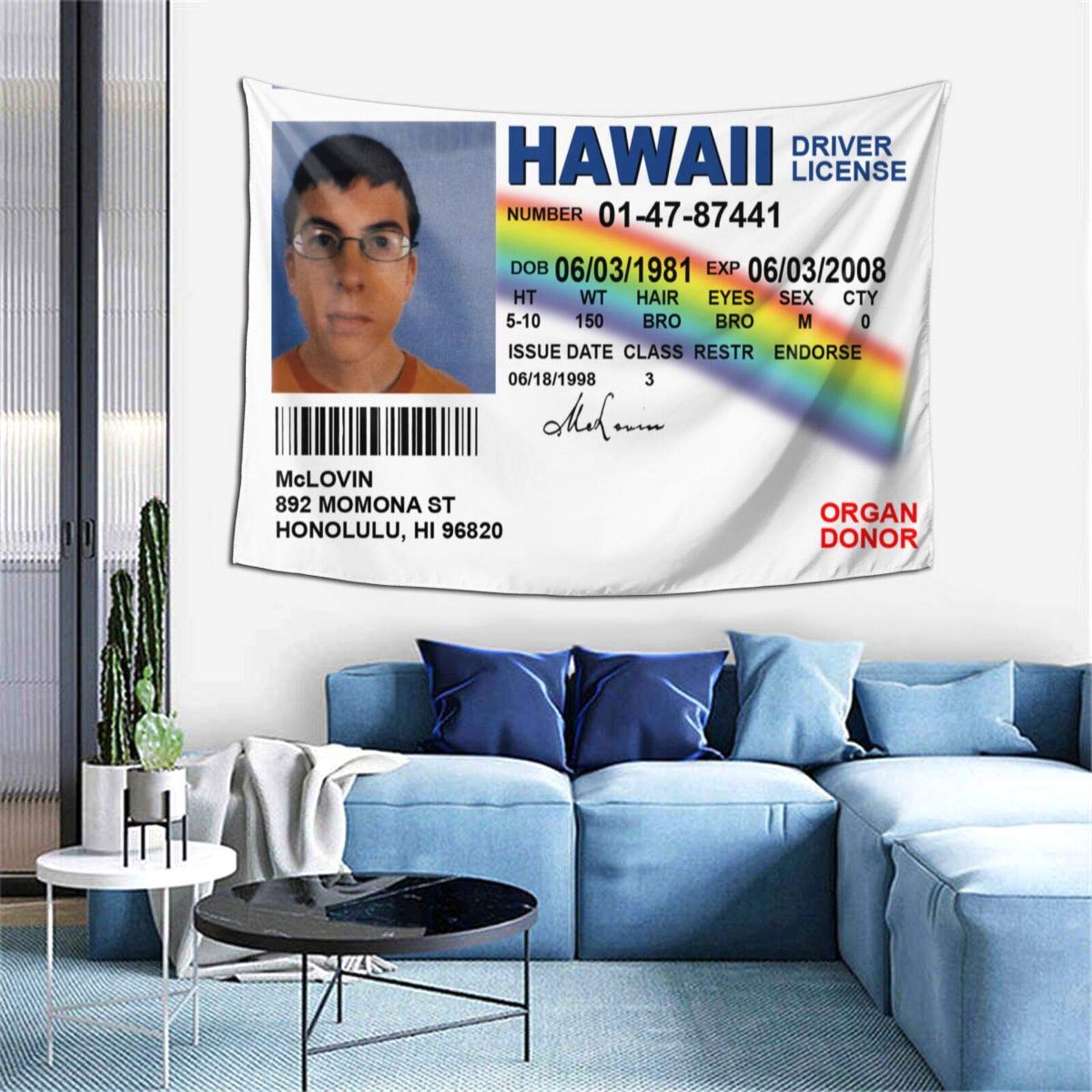 ANGOGO McLovin Fake ID Tapestry - 60x40 Inch Black Wall Art for Bedroom, Living Room & Dorm Decor - Perfect for Movie Nights, College Parties & Themed Room Design