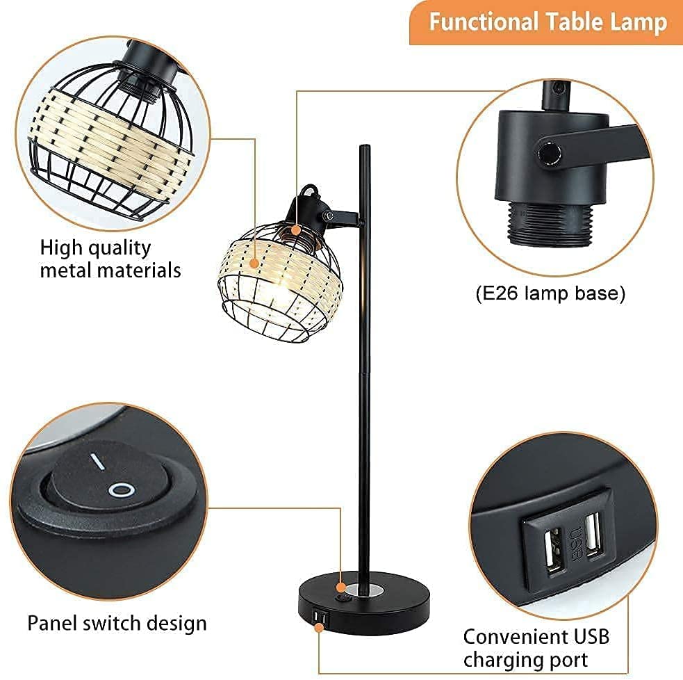 Depuley Industrial Nightstand Lamp with 2 USB Ports & Adjustable Arm - 3000K Warm Light Metal Desk Lamp with Rattan Shade for Bedroom, Living Room, Office & Reading Nook