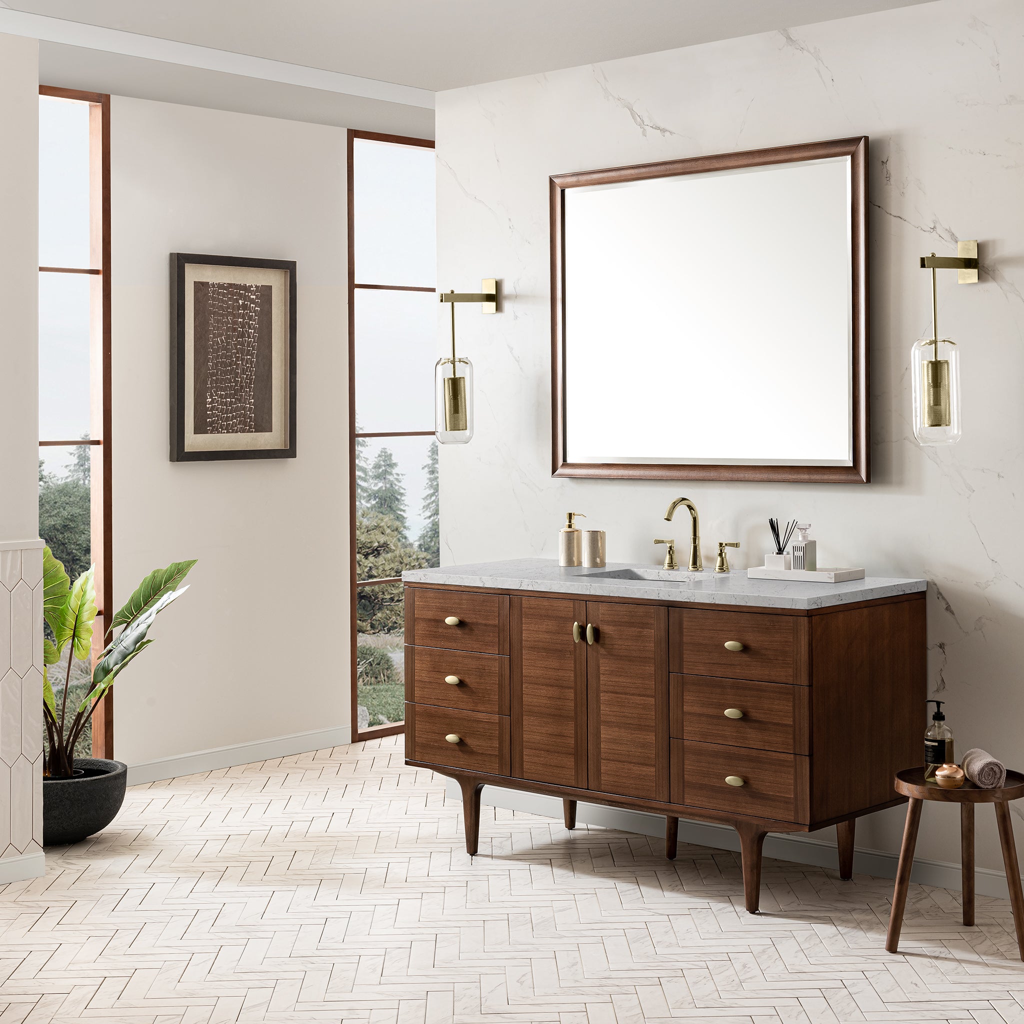Amberly 60 Inch Single Bathroom Vanity with Mid Century Walnut Finish & 3CM Eternal Jasmine Pearl Countertop - Perfect for Modern Master Bathrooms and Powder Rooms