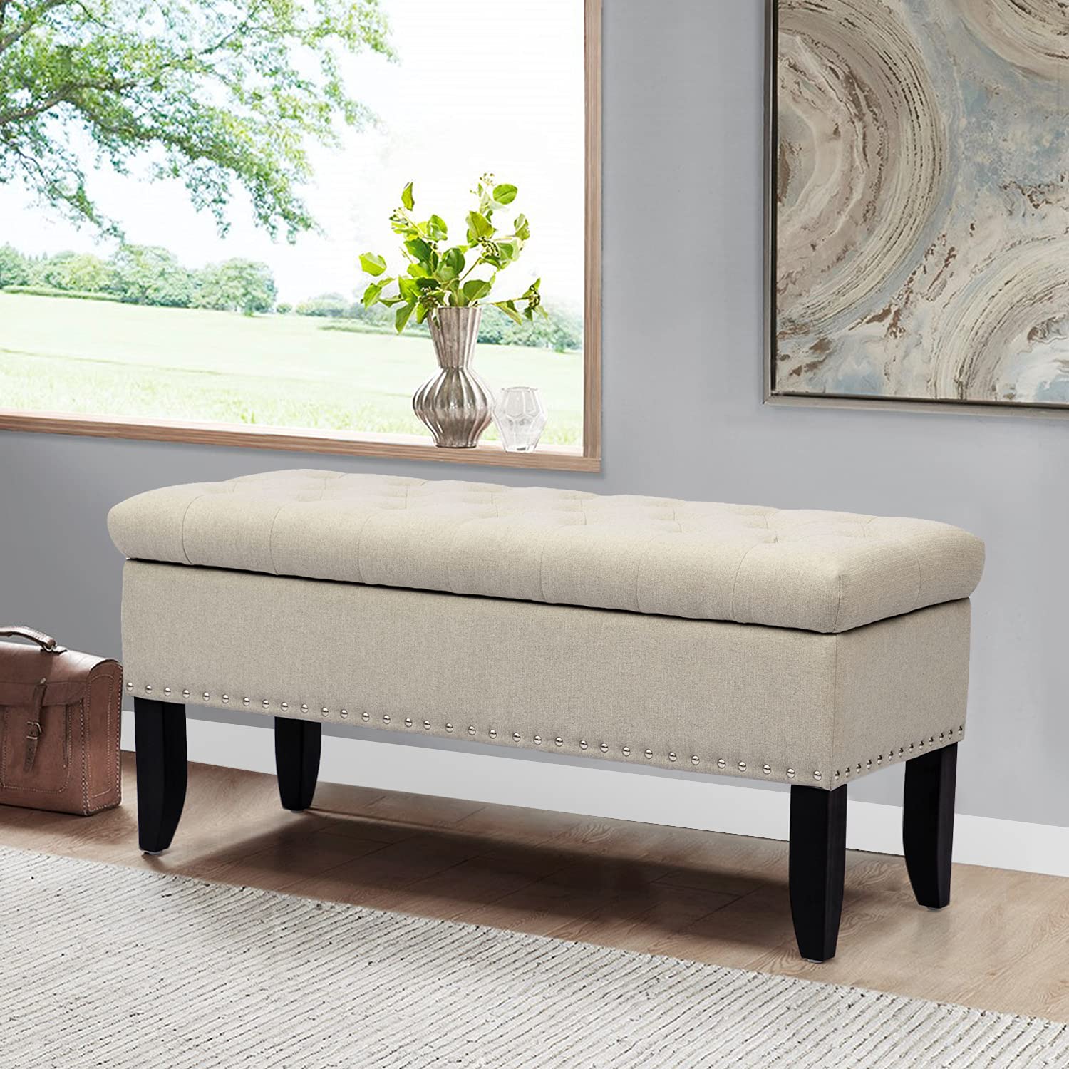 Homebeez Storage Ottoman Bench - Button Tufted Fabric Footrest with Hinged Lid & Nailhead Trim, Rectangular Footstool for Living Room, Bedroom & Entryway (Beige)