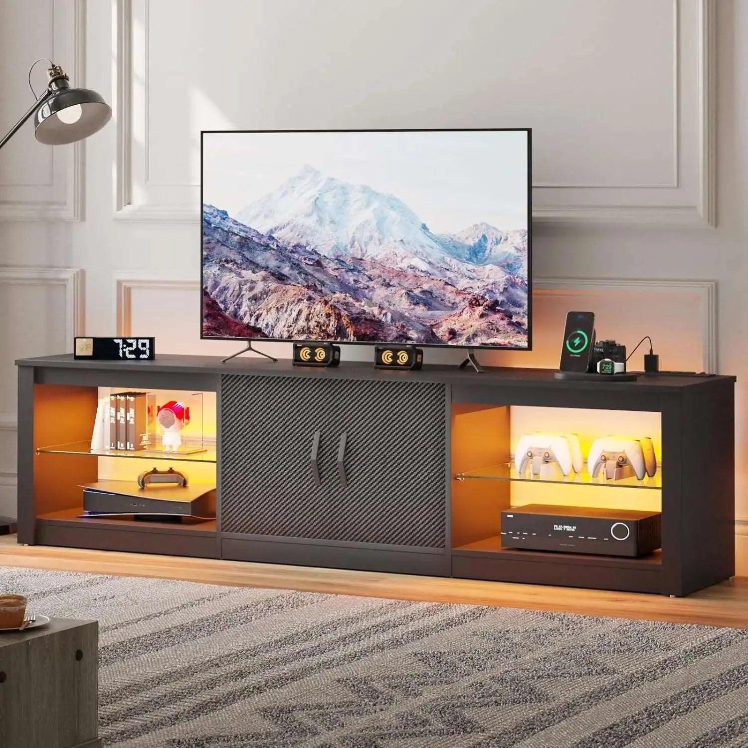 Bestier 70/80 Inch Modern TV Stand with LED Lights - Entertainment Center for 75/80/85 Inch Flat Screen TVs - Perfect for Living Room, Home Theater & Gaming Setup