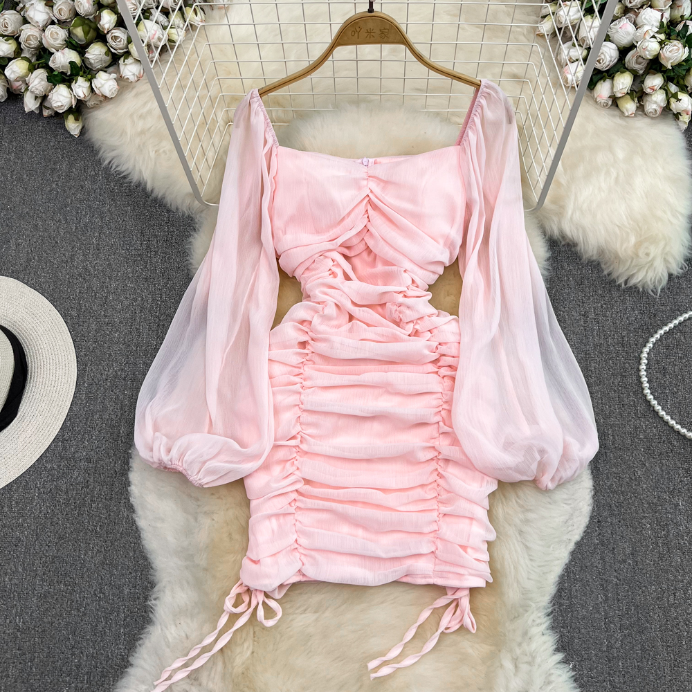 Elegant Long Sleeve Square Neck Chiffon Dress for Women - Flowy Lantern Sleeve Party & Wedding Guest Dress - Perfect for Evening Events, Date Nights & Special Occasions