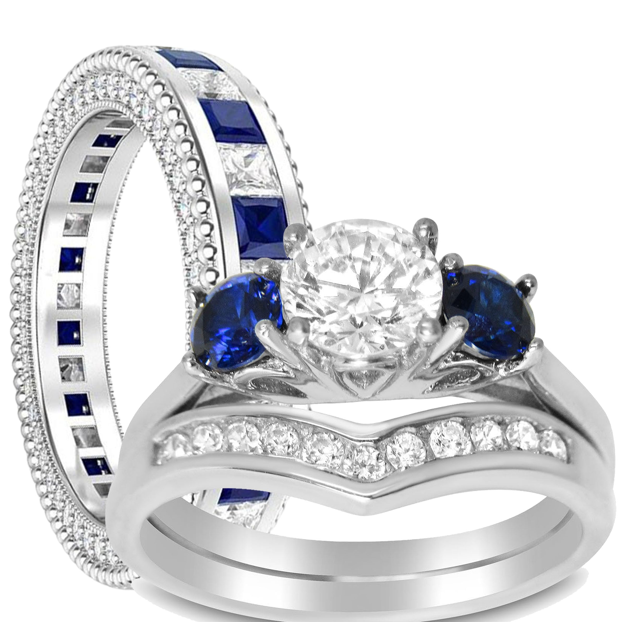 Sterling Silver Simulated Sapphire His & Her Matching Wedding Band Set - Bridal Engagement Rings for Couples | Perfect for Anniversaries, Proposals, and Romantic Gifts