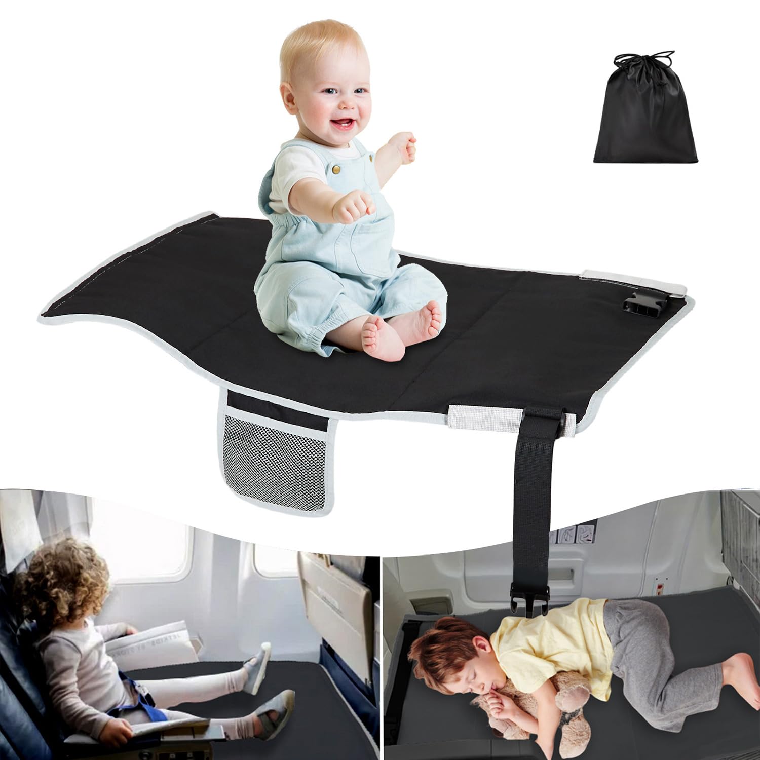 FOTN Toddler Airplane Bed - Portable Kids Travel Seat Extender & Footrest for Safe Infant Sleeping on Long Flights | Airplane Essentials for Baby Rest & Comfort (Black) | Perfect for Family Vacations & International Travel